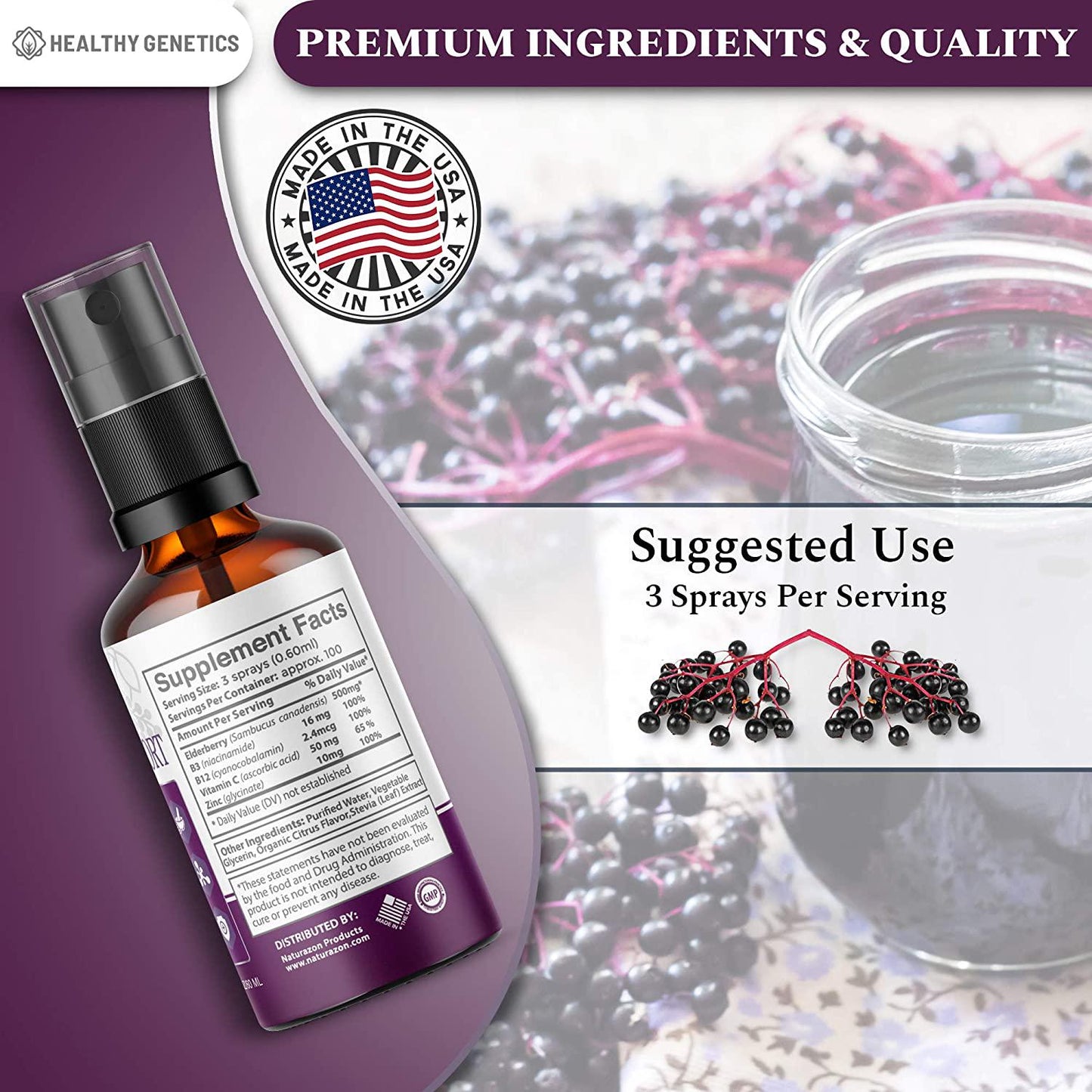 Immune Support Spray; 500mg Liquid Elderberry Immunity Boost Defense for Kids and Adults B3, B12, Vitamin C, Zinc Fast Absorbing Liquid Spray Supplement Supports Healthy Immune System