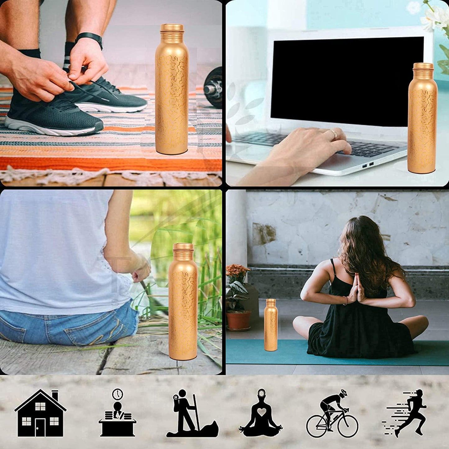 Indtresor Pure Copper Water Bottle - Handcrafted - Ayurveda health benefits - Large 35 oz - Leak proof - Easy to carry for Sports, Fitness, Yoga, School - Natural Copper Finish Golden Glade Pattern