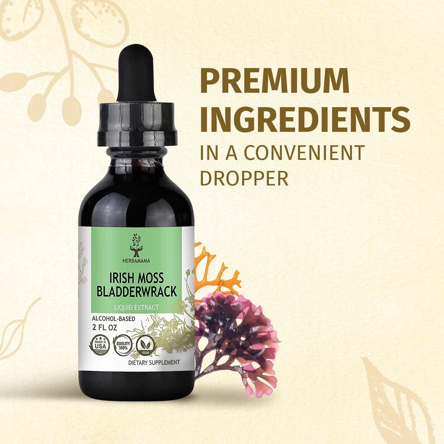 Irish Moss, Sea Moss and Bladderwrack Liquid Extract 2 fl oz | Thyroid Support | Digestive Health | Immune Support | Anti-Inflammatory | Non-GMO