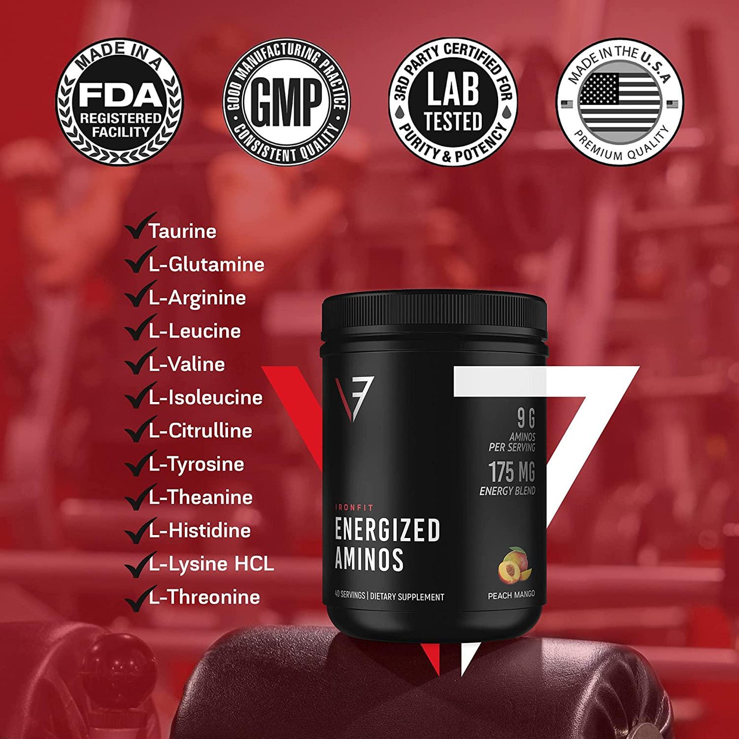 IronFit - Energized Aminos with 9 Essential Amino Acids, Green Tea, and Natural Caffeine Powder, Peach Mango Amino Energy Drink Mix, 40 Servings