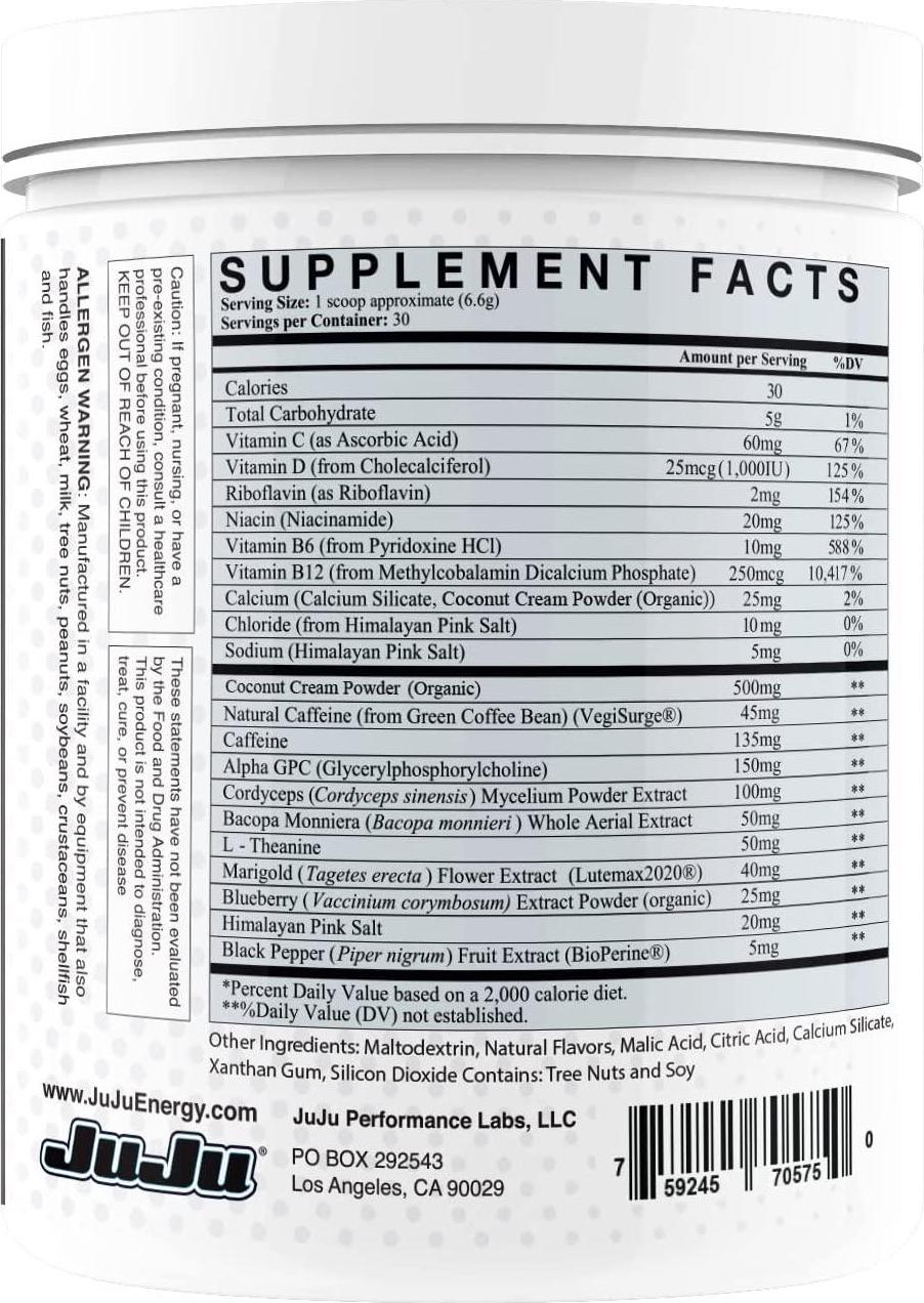 JuJu Pina Colada Gaming Energy Drink Mix - Energy Supplement, Supports Focus, Endurance, Concentration, Eye Health. Natural Caffeine, Vitamins