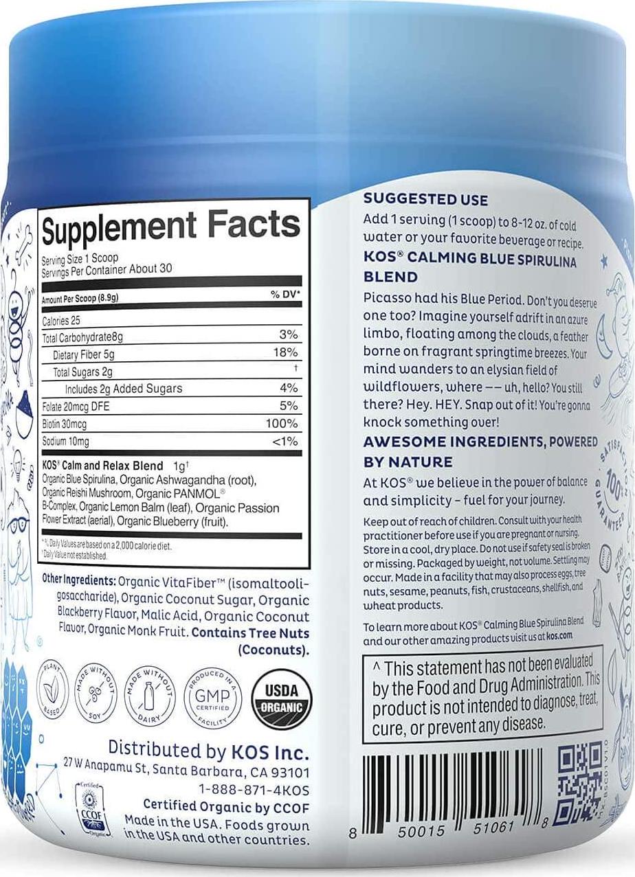 KOS Calming Blue Spirulina Blend with Ashwagandha Powder, Lemon Balm, Reishi Mushroom - Berry Coconut Cooler Flavor, 30 Servings