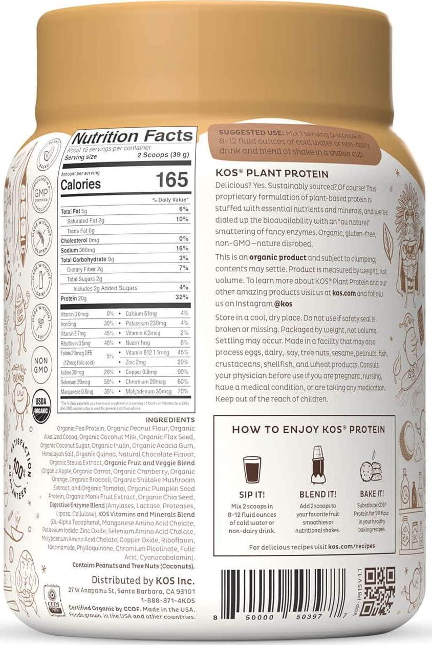 KOS Organic Plant Based Protein Powder, Chocolate Peanut Butter - Delicious Vegan Protein Powder - Keto Friendly, Gluten Free, Dairy Free and Soy Free - 1.3 Pounds, 15 Servings