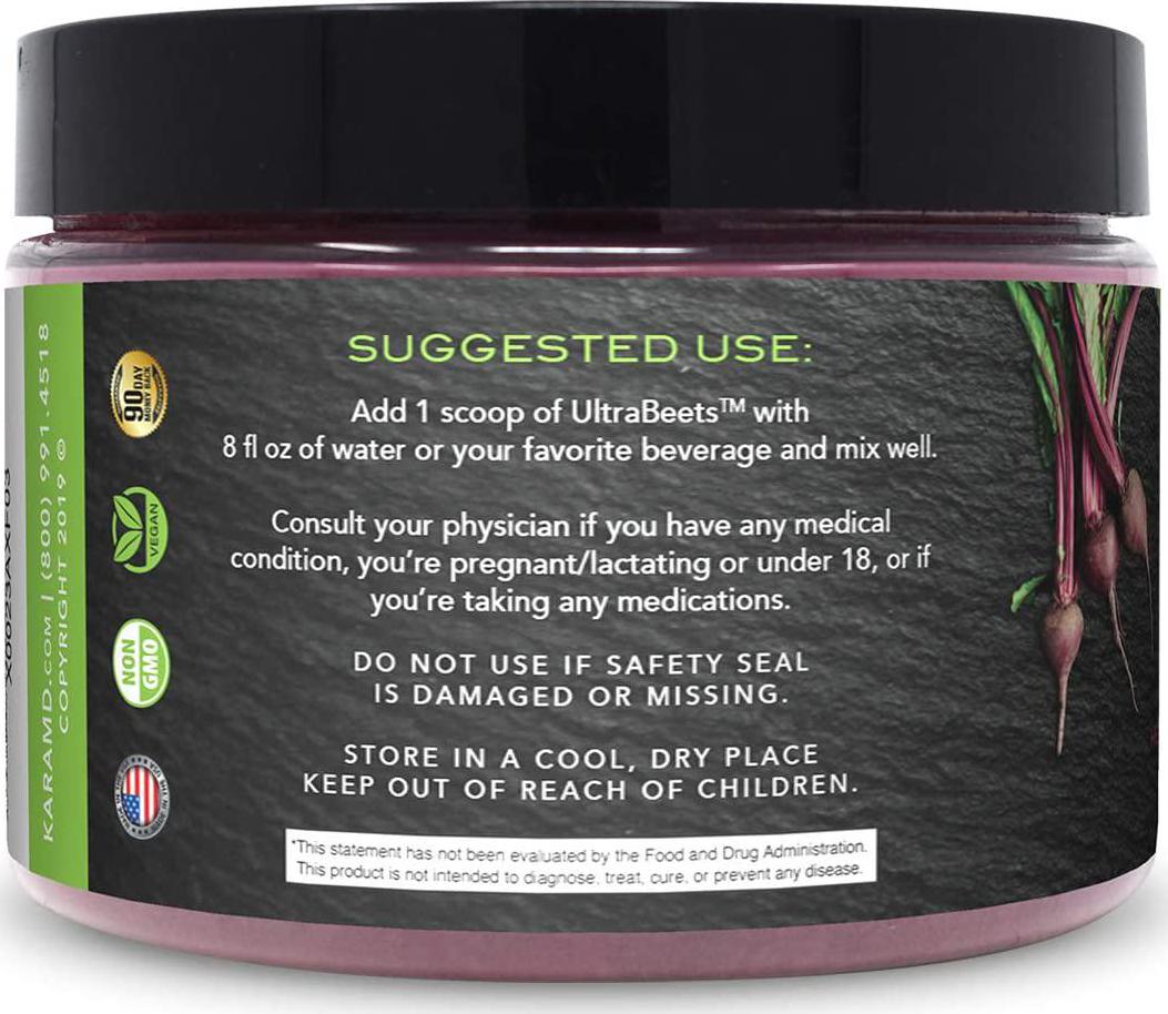 KaraMD UltraBeets | Doctor Formulated Beets Superfood Powder | Natural, Non-GMO, Vegan Nitric Oxide Booster Supplement | Supports Heart Health, Circulation and Energy, 30 Servings