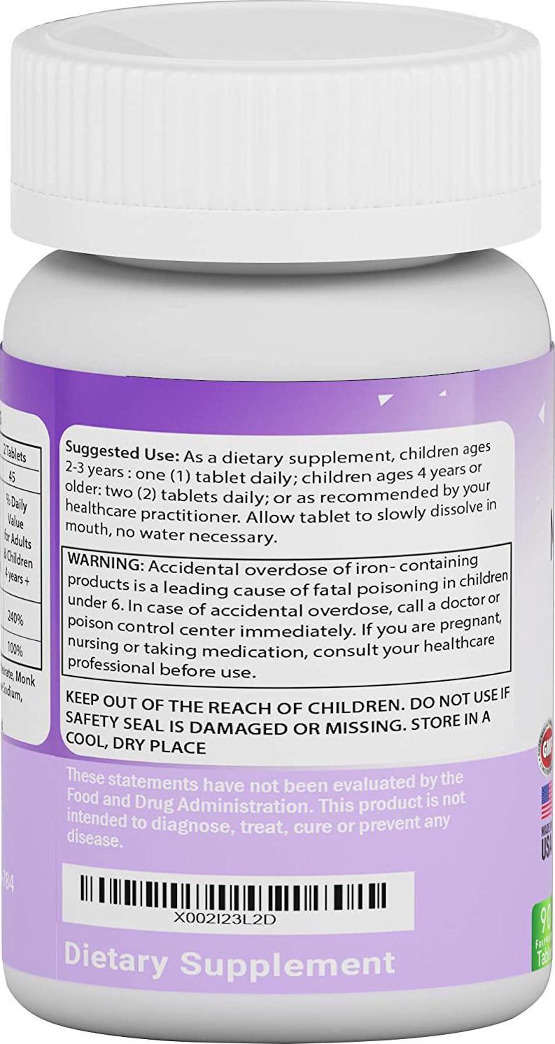 Kids Chewable Iron Supplement (Ferronyl /Carbonyl Iron 9 mg with Vitamin C 30 mg) Tablet in Delicious Grape Flavor 90 Count (1 Bottle) (1)