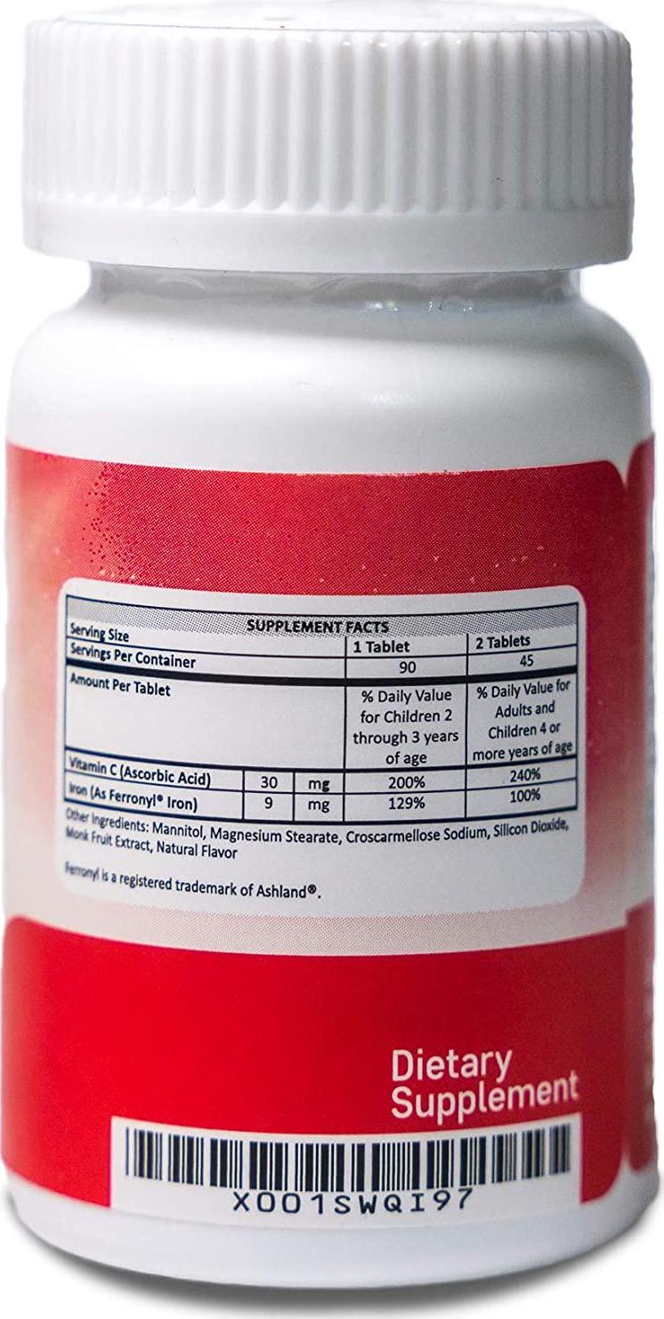 Kids Chewable Iron Supplement (Ferronyl/Carbonyl Iron 9 mg with Vitamin C 30 mg) Tablet in Tangerine Tango Orange Flavor 90 Count (2 Bottles)