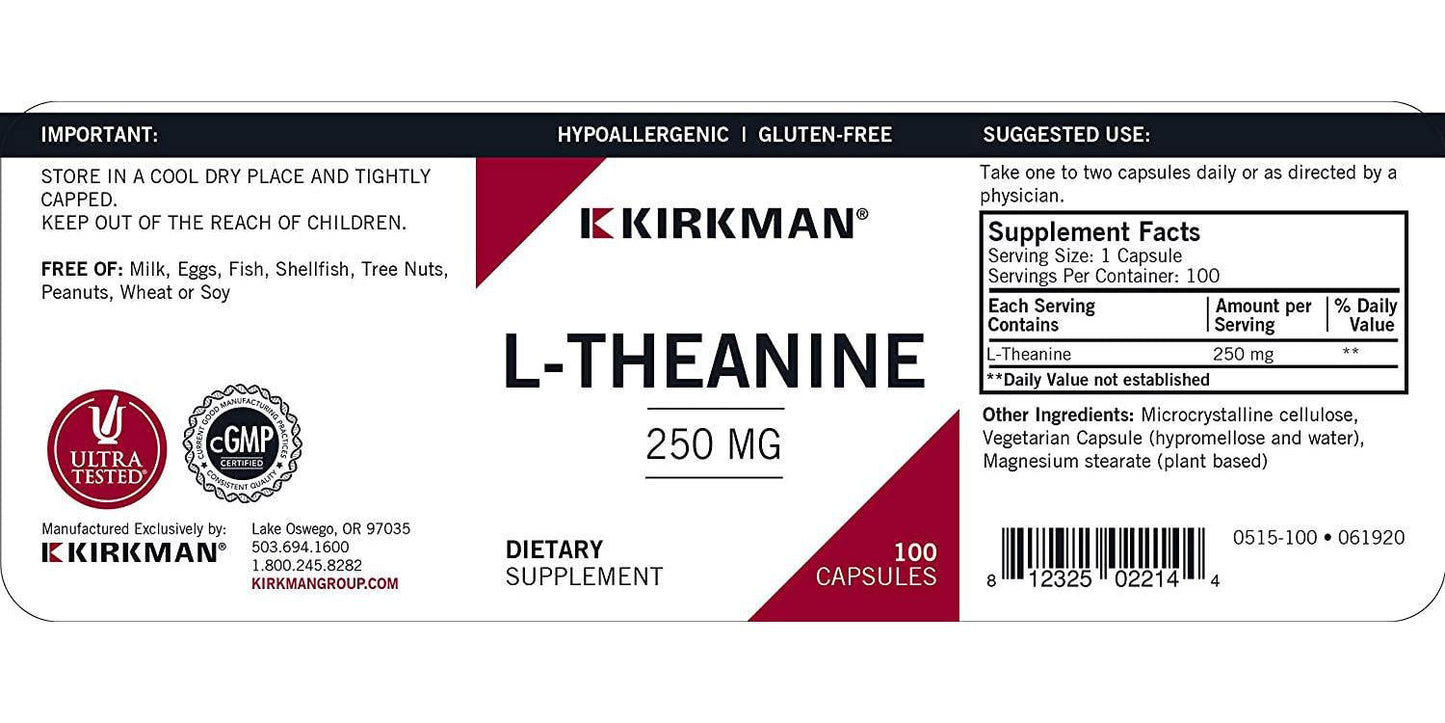 Kirkman L-Theanine 250 mg - Hypoallergenic | 100 Vegetarian Capsules | Gluten Free | Casein Free | Amino Acid