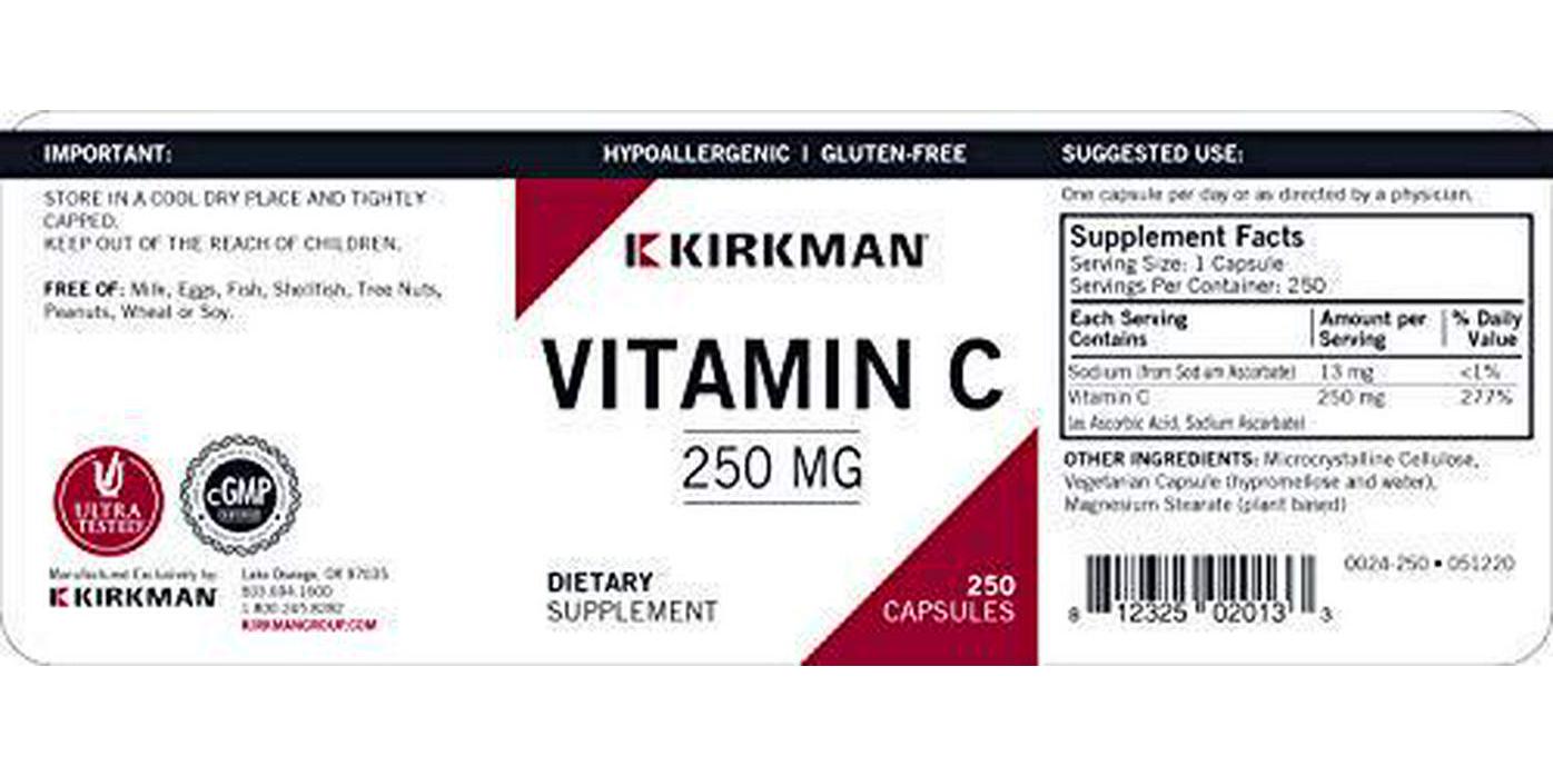 Kirkman Vitamin C 250 mg - Hypoallergenic || 250 Vegetarian Capsules || Capsules are Plant Based || Supports Immune System