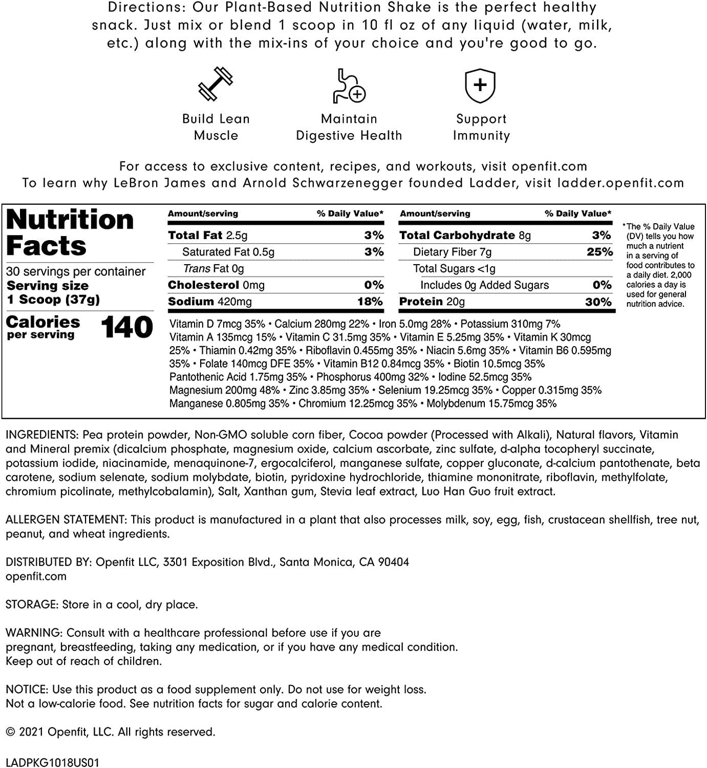 LADDER Plant Based Protein Shake, 20G Pea Protein Powder, Dairy Free Meal Replacement Shake, Vegan Protein Powder, NSF Certified, Delicious Healthy Chocolate Flavor with no Added Sugar, 30 Serving Bag