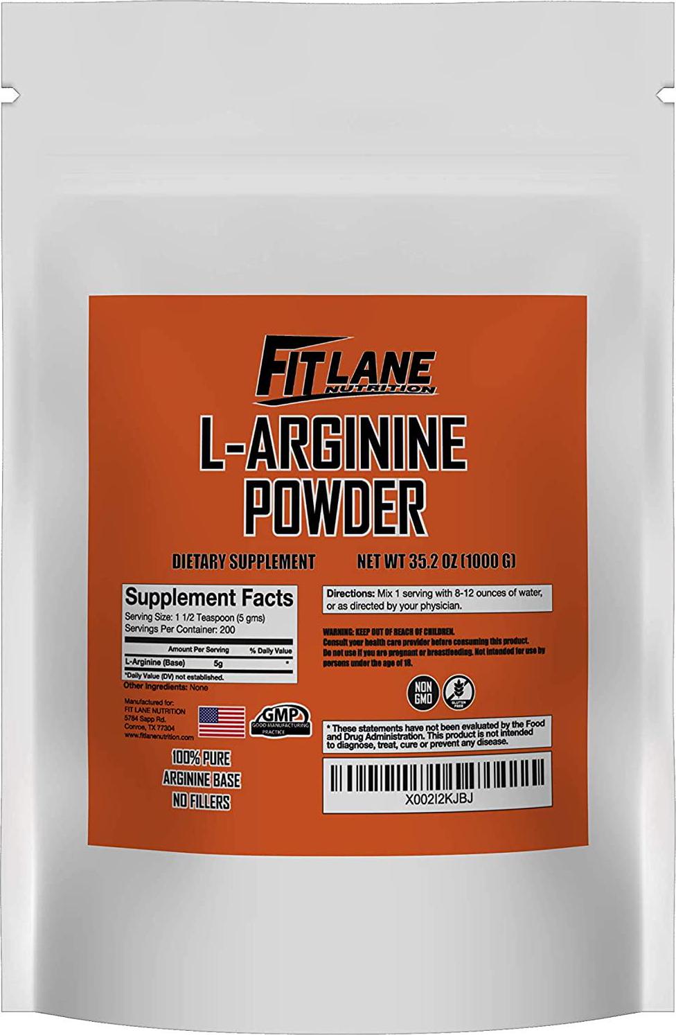 L-Arginine Powder. 5000mg per Serving. Pure Nitric Oxide Supplement by Fit Lane Nutrition 1000 Grams (35.2 oz) 200 Servings. Value Sized Bag.