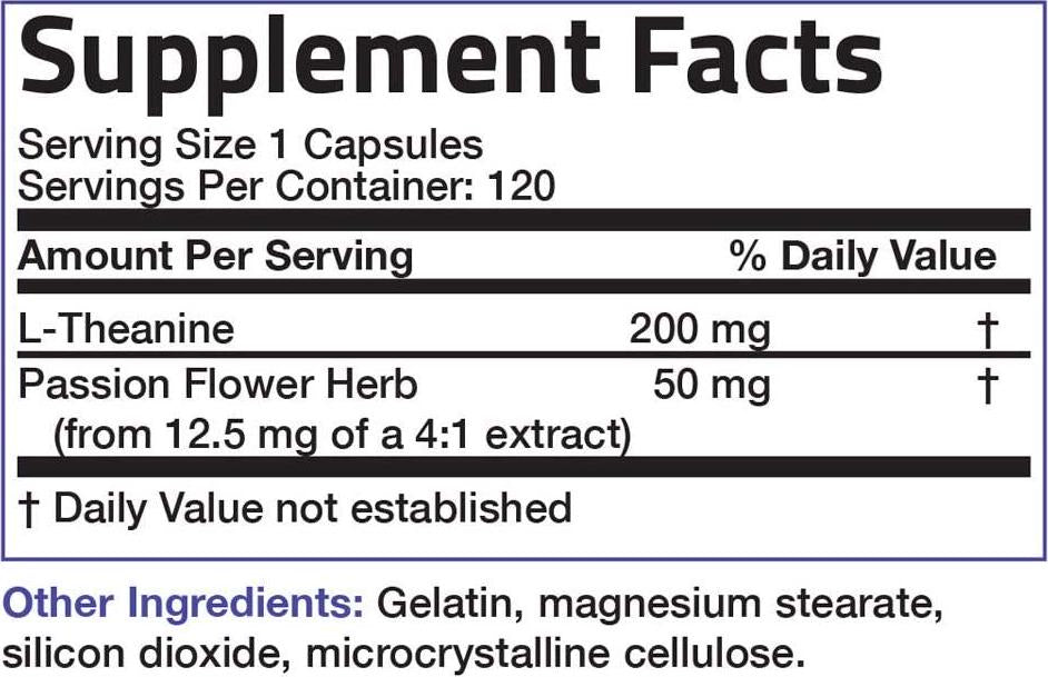 L-Theanine 200mg (Double-Strength) with Passion Flower Herb - Reducing Stress and Promoting Relaxation Without Sedation - Non GMO Formula, 120 Vegetarian Capsules