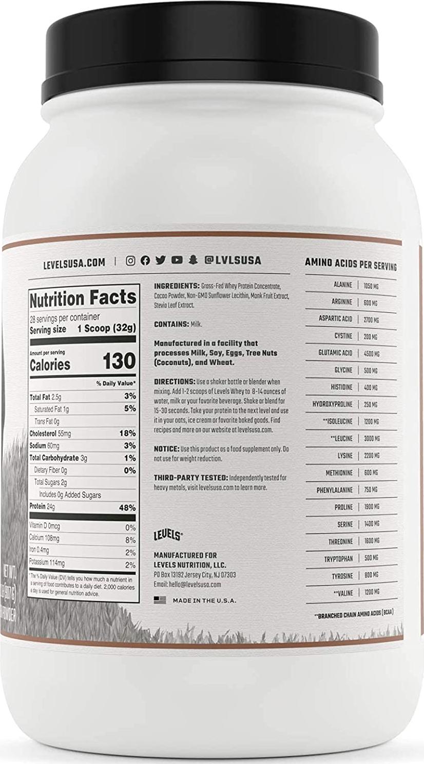 Levels Grass Fed 100% Whey Protein, No Hormones, Pure Chocolate, 2LB