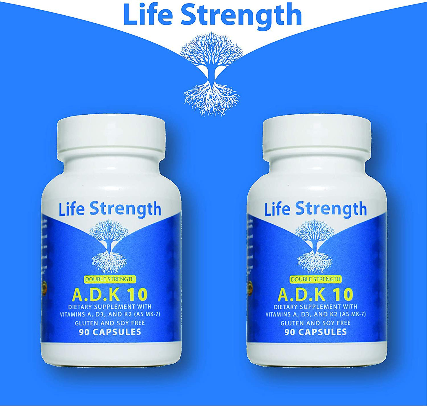 Life Strength ADK 10 Double Strength 90 CT Physician Formulated Vitamins A1, D3 and K2 (as MK7) Bone, Heart and Immune System Support Gluten Free, Soy Free, Non-GMO