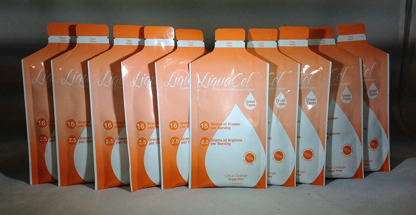 LiquaCel Liquid protein 16g Orange Collagen Whey Arginine per 1oz serving 10 packets