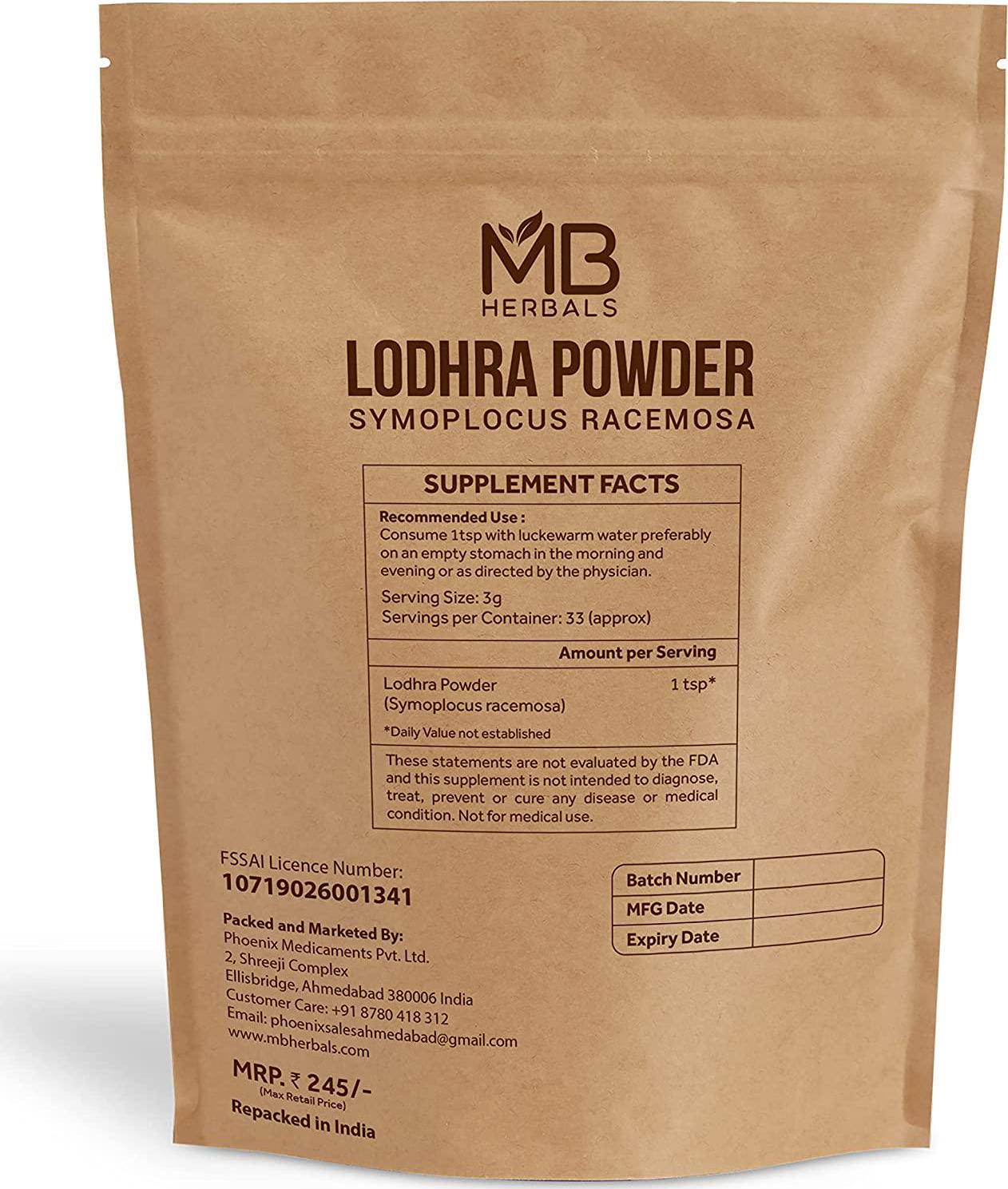 MB Herbals Lodhra Powder 100 Gram (3.5 oz) | Symplocus racemosa Powder | Skin Care Supplement