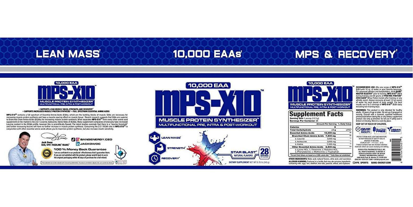 MPS-X10 Pre, Intra, Post Workout Muscle Protein Synthesizer 10,000 EAA Star Blast Flavor, 28 Servings