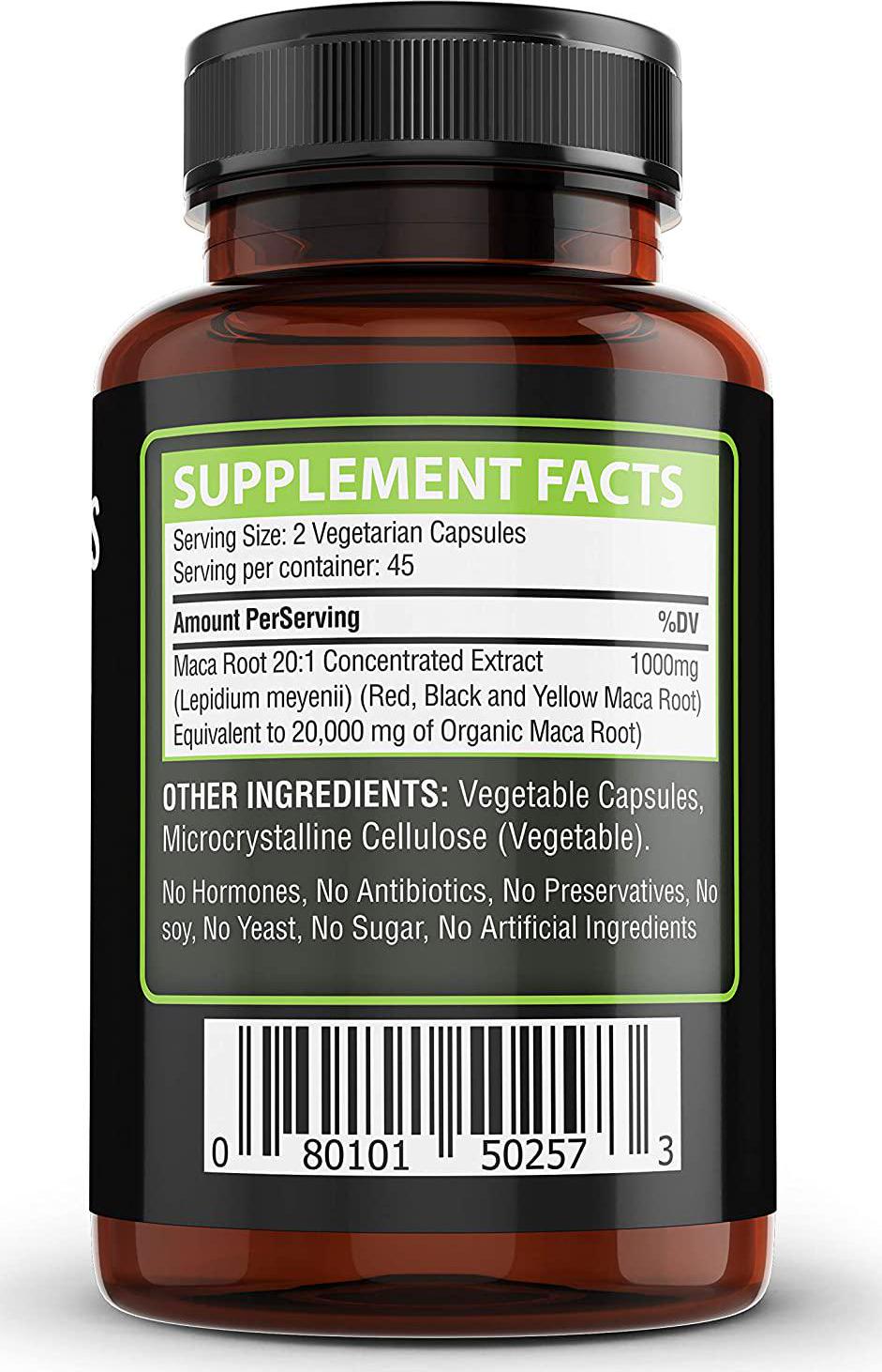 Maca Root 1000 Milligram, 20:1 Concentrated Extract, Reproductive Health and Mood Improvement - 90 Veggie Capsules