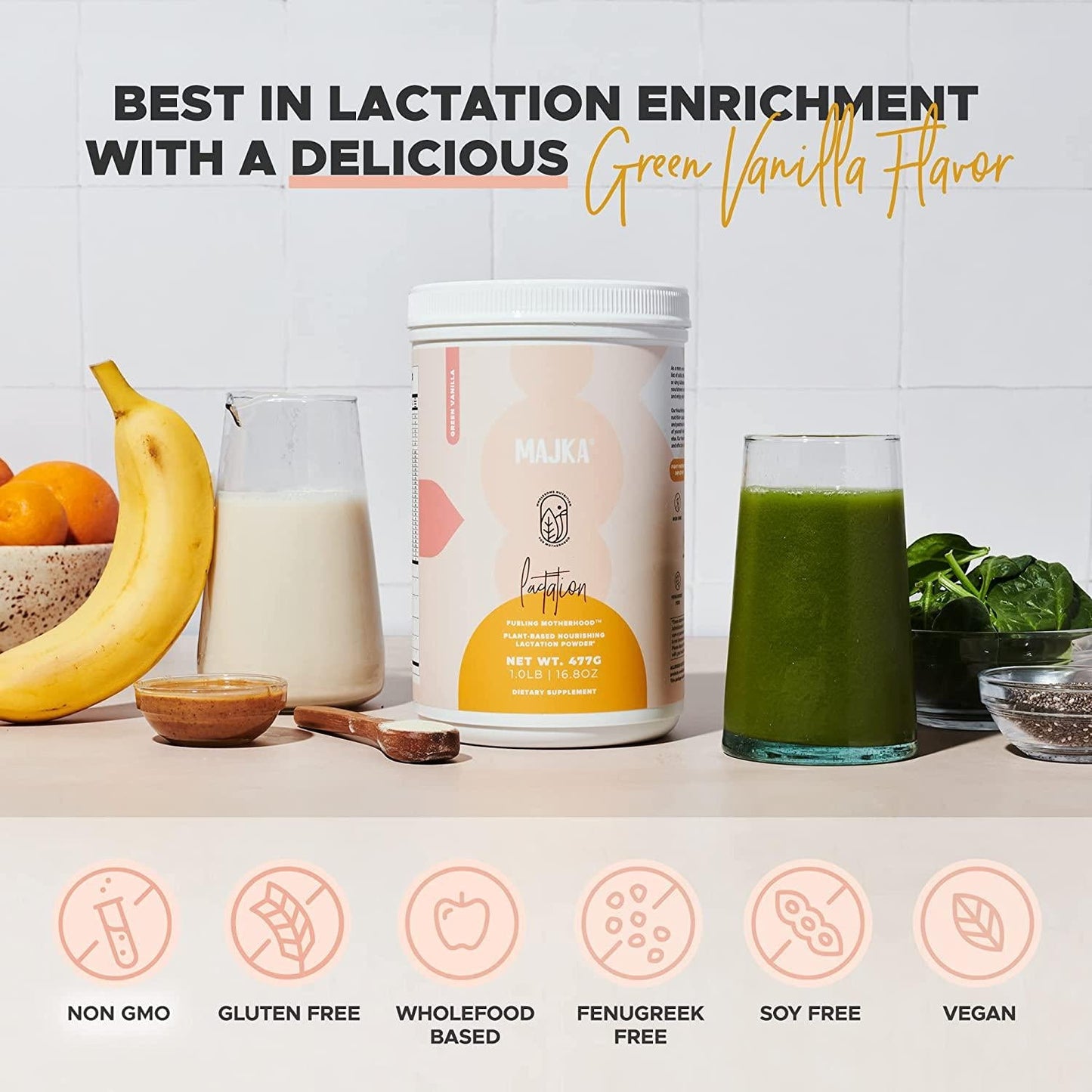 Majka | Breastfeeding Protein Powder | Complete Postnatal Vitamin | Lactation Supplement to Promote Healthy Breast Milk Supply | Gluten Free and Vegan (Green Vanilla)