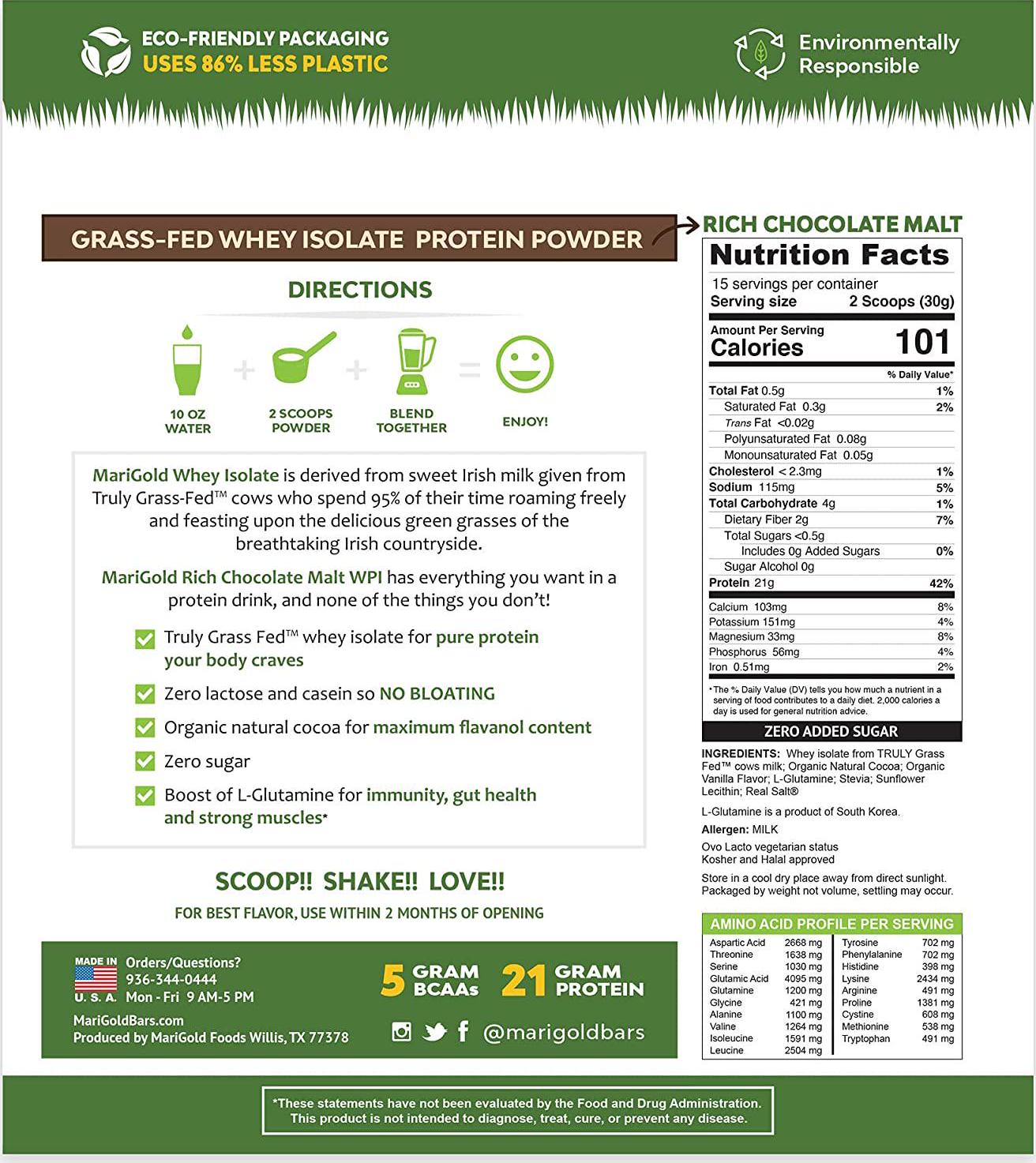 Marigold Grass-fed Whey Isolate Protein Powder - Rich Chocolate Malt Flavor - 1 Lb | 100% Pure, Cold-Processed, Micro-Filtered, Undenatured, Non-GMO, rBGH Free, Soy Free, Gluten Free, Lactose Free