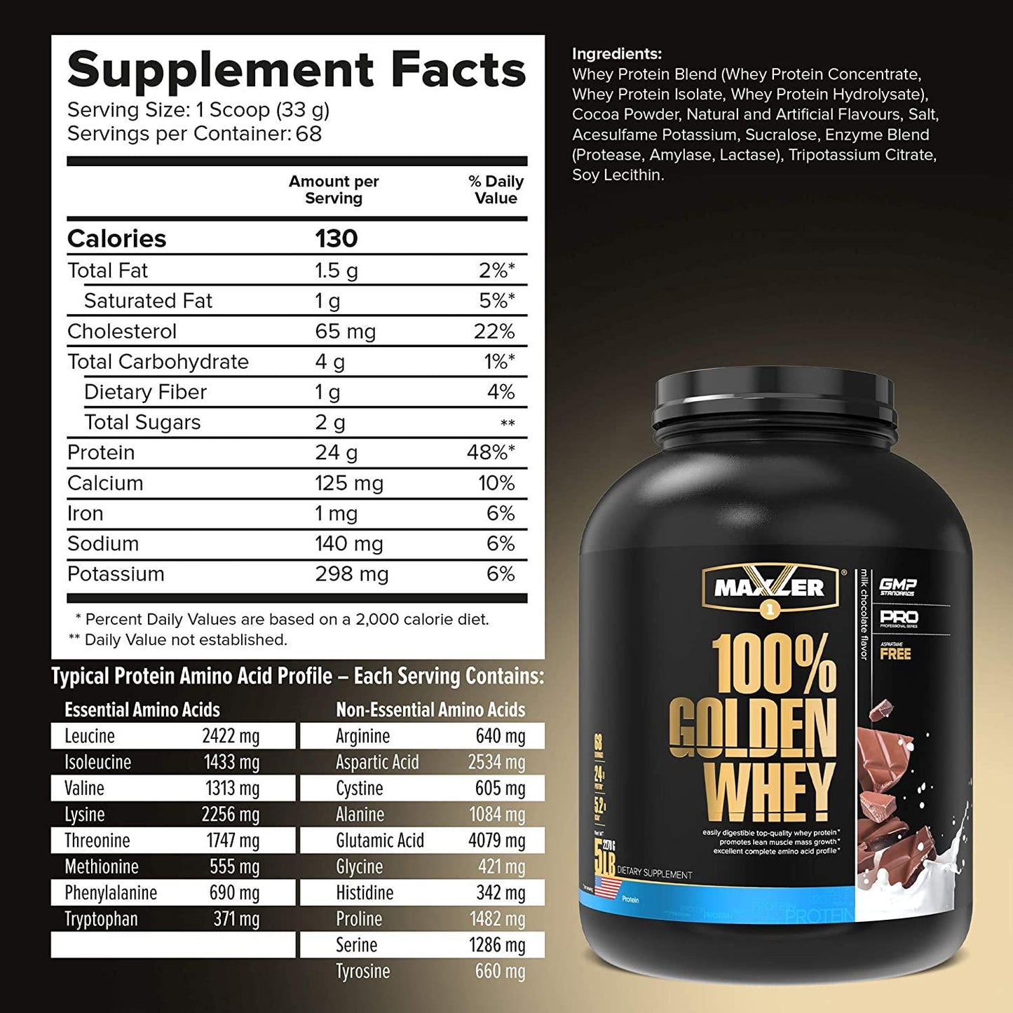 Maxler 100% Golden Whey Protein - 25g of Premium Whey Protein Powder per Serving - Pre Post Intra Workout - Fast-Absorbing Whey Hydrolysate, Isolate and Concentrate Blend - Milk Chocolate Protein 5 lbs