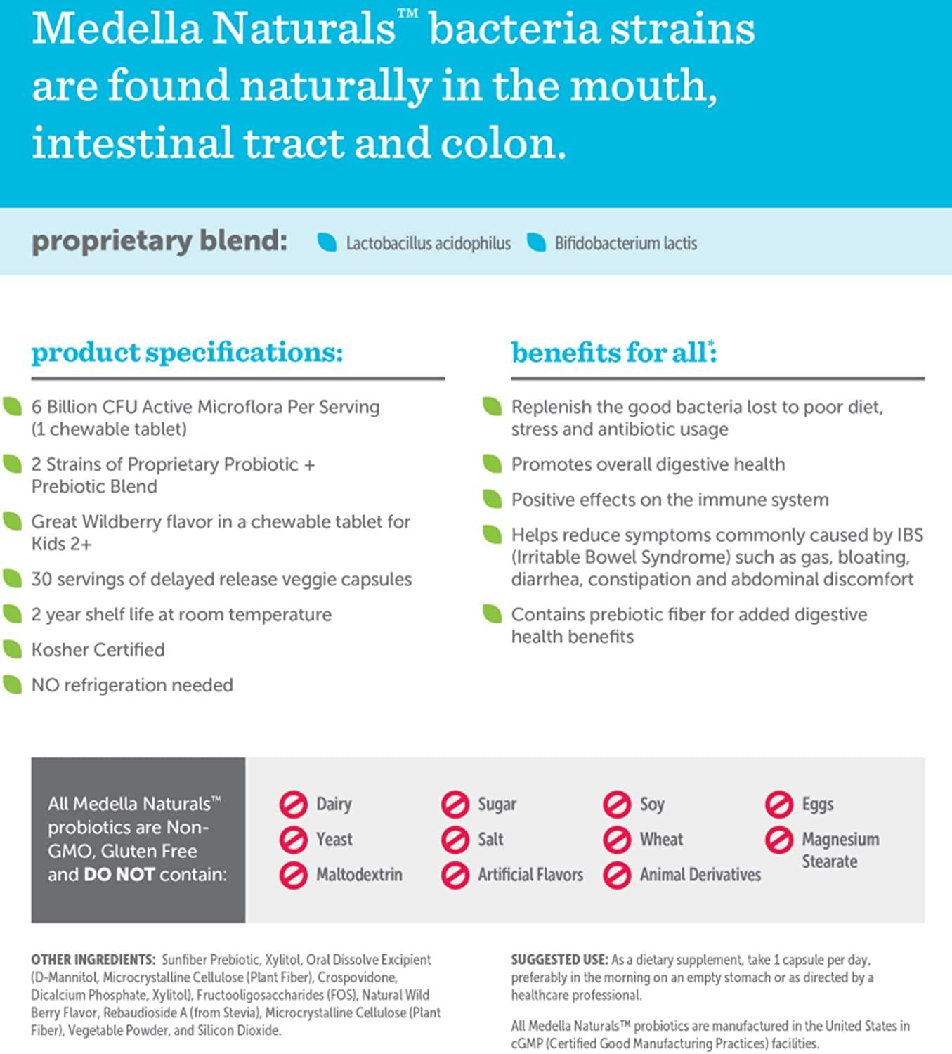 Medella Naturals Probiotics + Prebiotic for Kids, 6 Billion CFUs to Support Digestive Health, Made in The USA, Wildberry Flavor, 30 Chewable Tablets