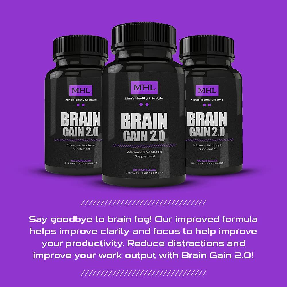 Men's Healthy Lifestyle Brain Gain 2.0 - Mental Focus, Memory, Concentration, Advanced Nootropic Supplement - Made in The USA - 60caps