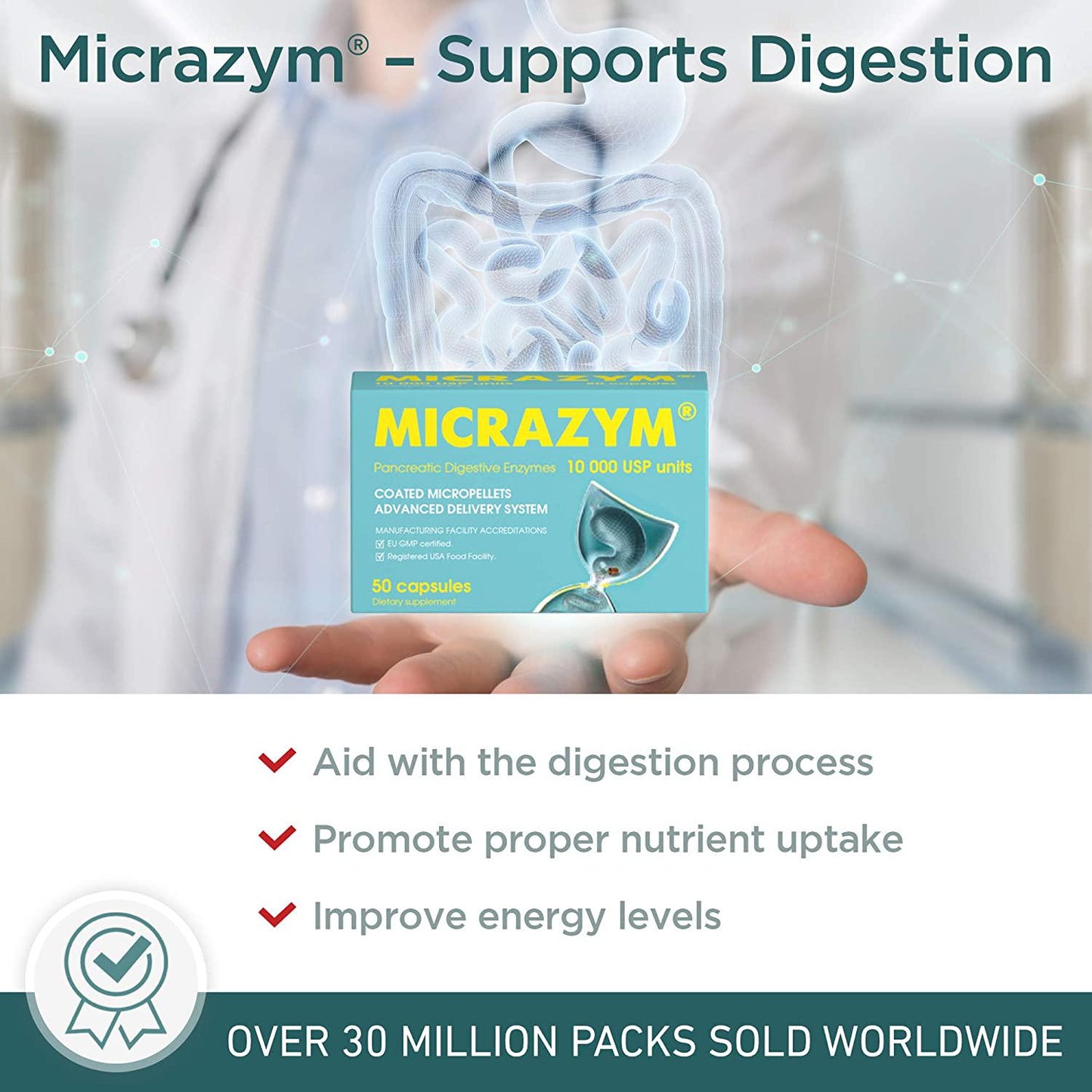 Micrazym Pancreatic Enzymes : 10,000 USP for Healthy Digestion. High Concentration Enteric Coated Digestive Enzymes - Pancreatin (Amylase, Lipase, Protease) - 50 Capsules