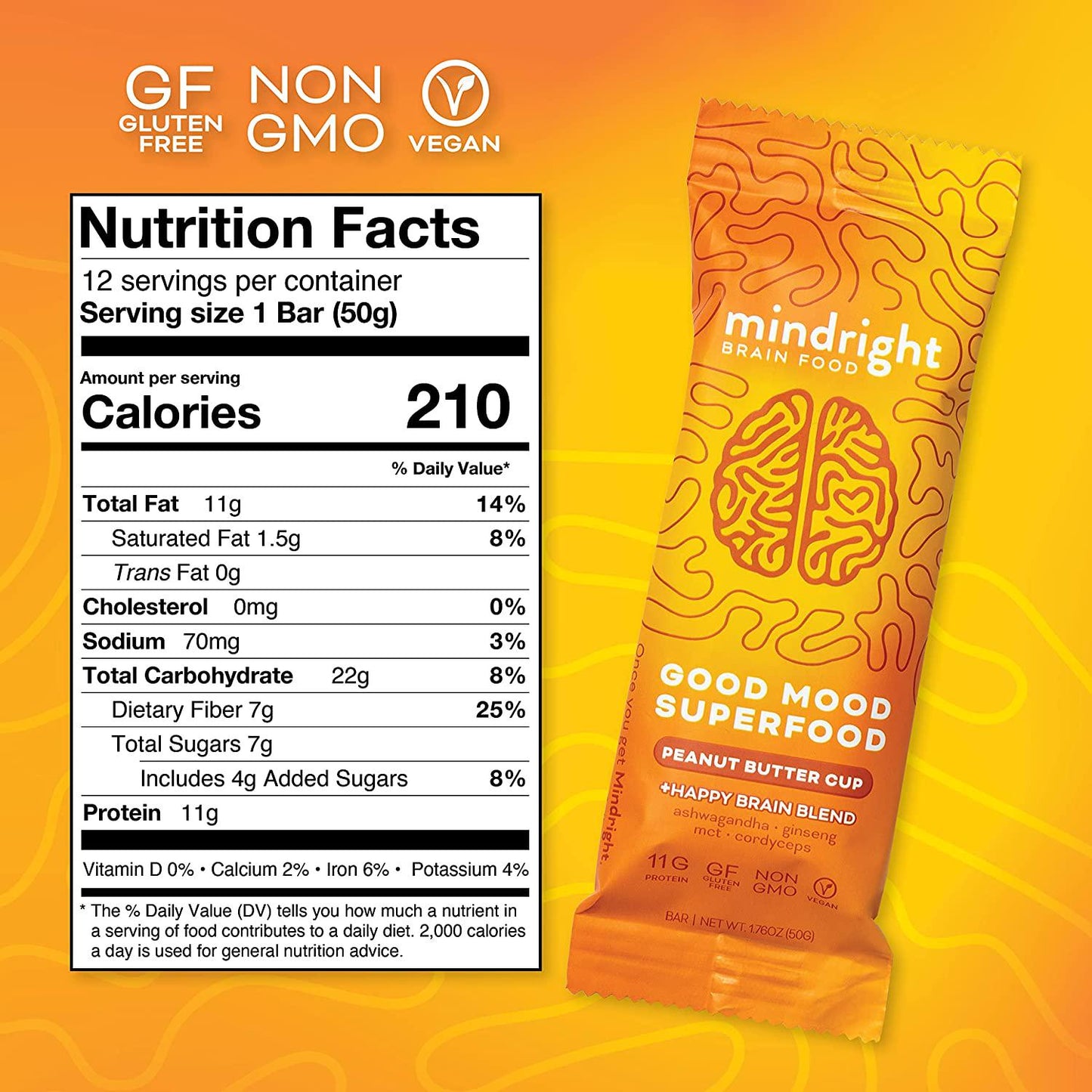Mindright Superfood Vegan Protein Bar | Gluten Free, Non-Gmo, Low Sugar | Brain Food Snack to Enhance Mood, Energy, and Focus | Peanut Butter Cup | Pack of 12