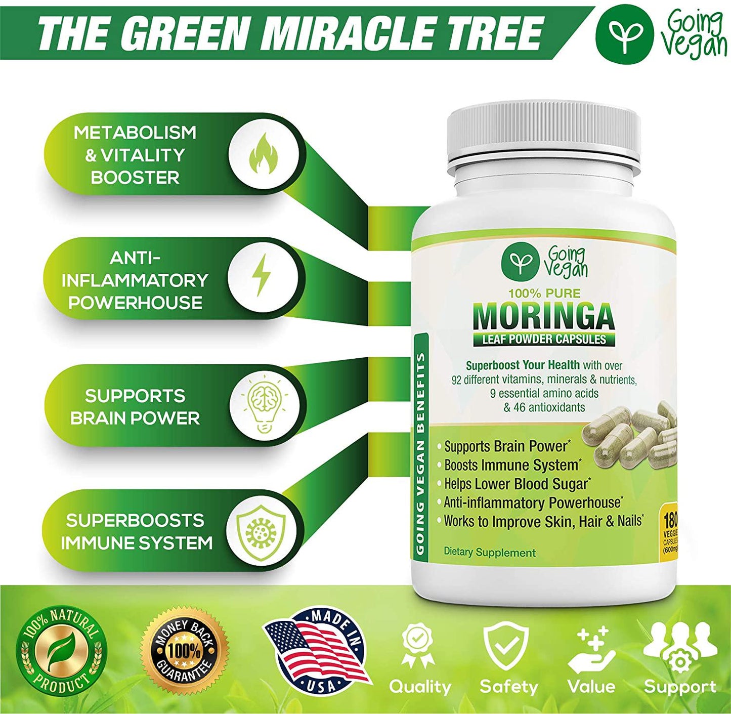 Moringa Capsules Organic Oleifera Leaf, 180 Vegan Powder Pills, 1200mg Per Serving, Anti-inflammatory Supplement, Immune System, Metabolism, Energy and Brain Booster, Non GMO
