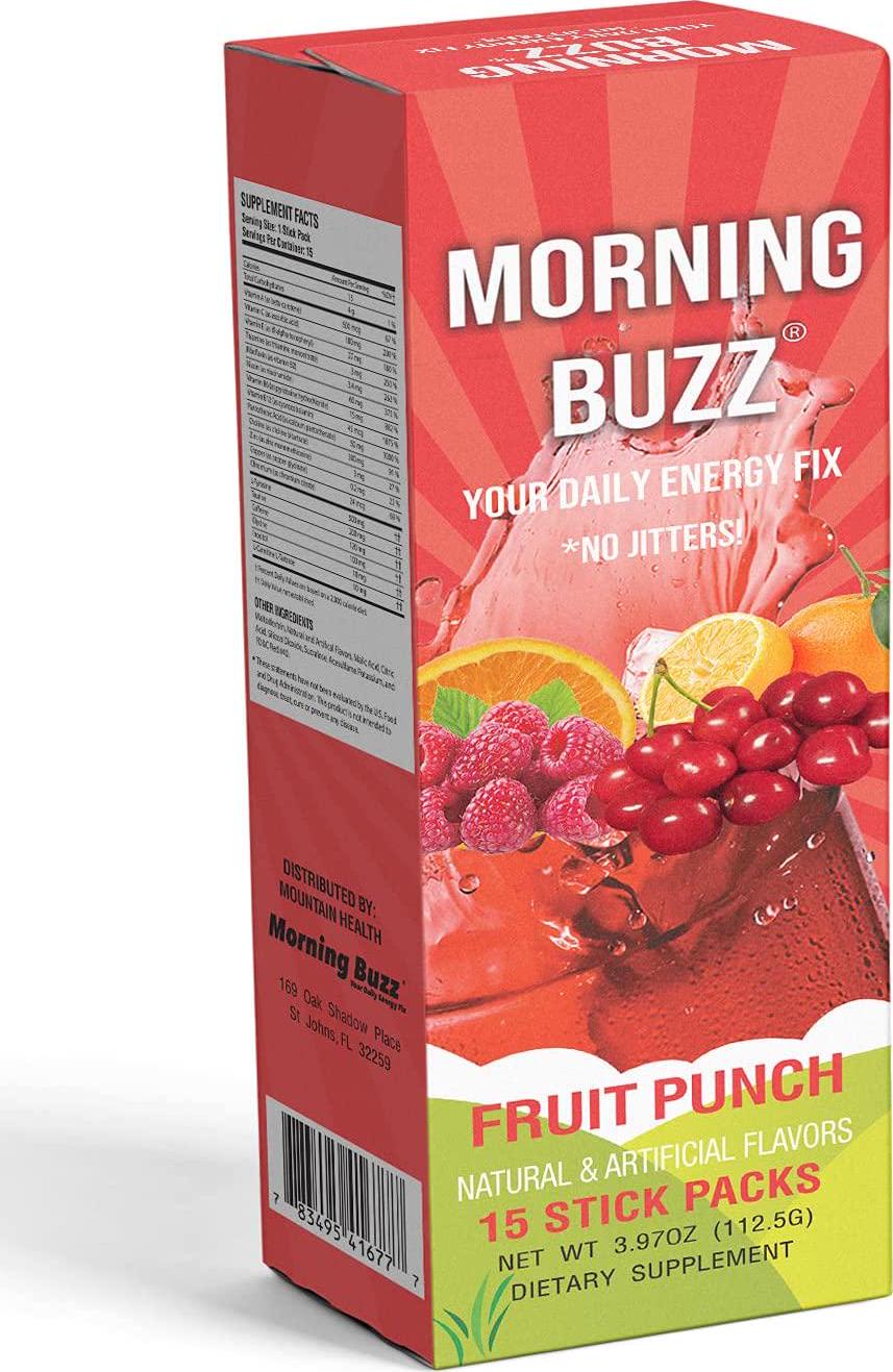 Morning Buzz - Fruit Punch Sports Energy Drink -Original Formula- Pre Workout, Supports Lasting Energy, Endurance, Mental Clarity and Metabolism. 18 Key Vitamins and Minerals -15 Single Use Stick Packs