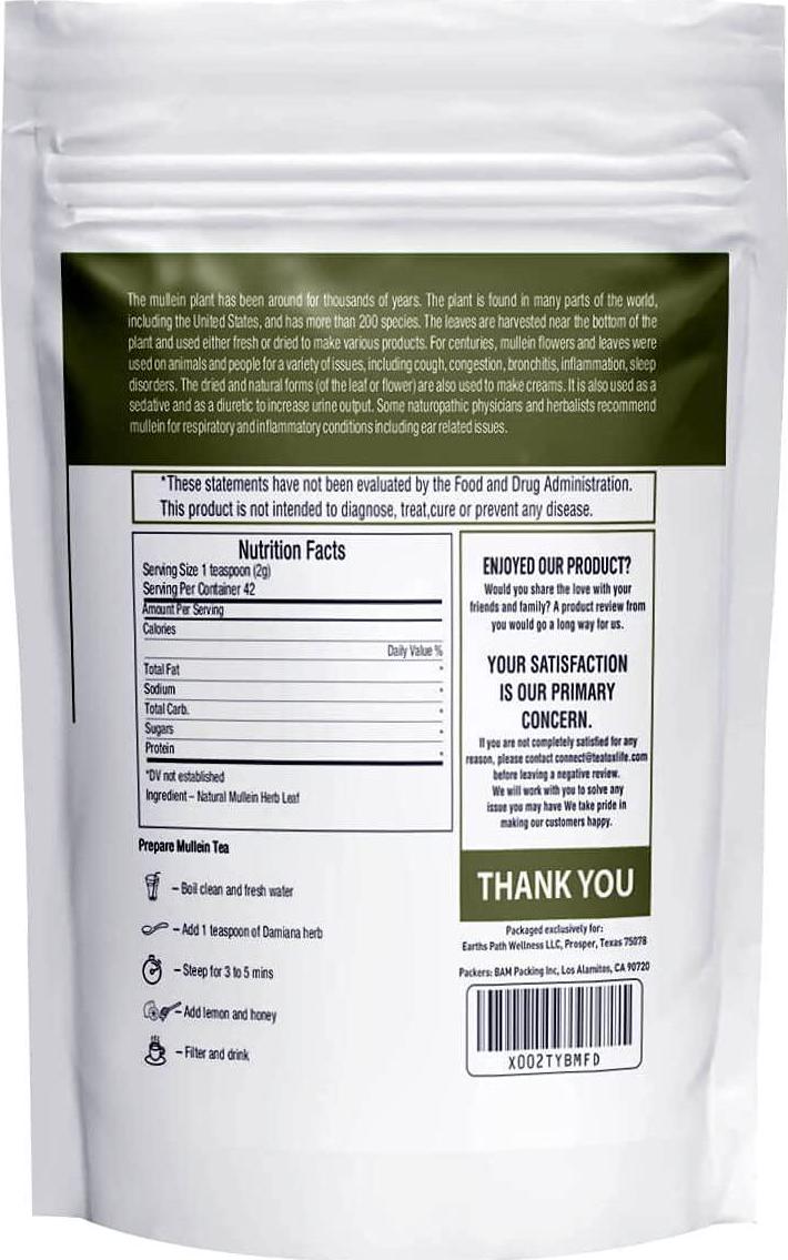 Mullein Leaf Tea, Herb for Respiratory Support, Mucous Membranes, Lung Cleanse| Dried Leaves Blend, Cut and Sifted| 3oz (85 grams)| Made in USA