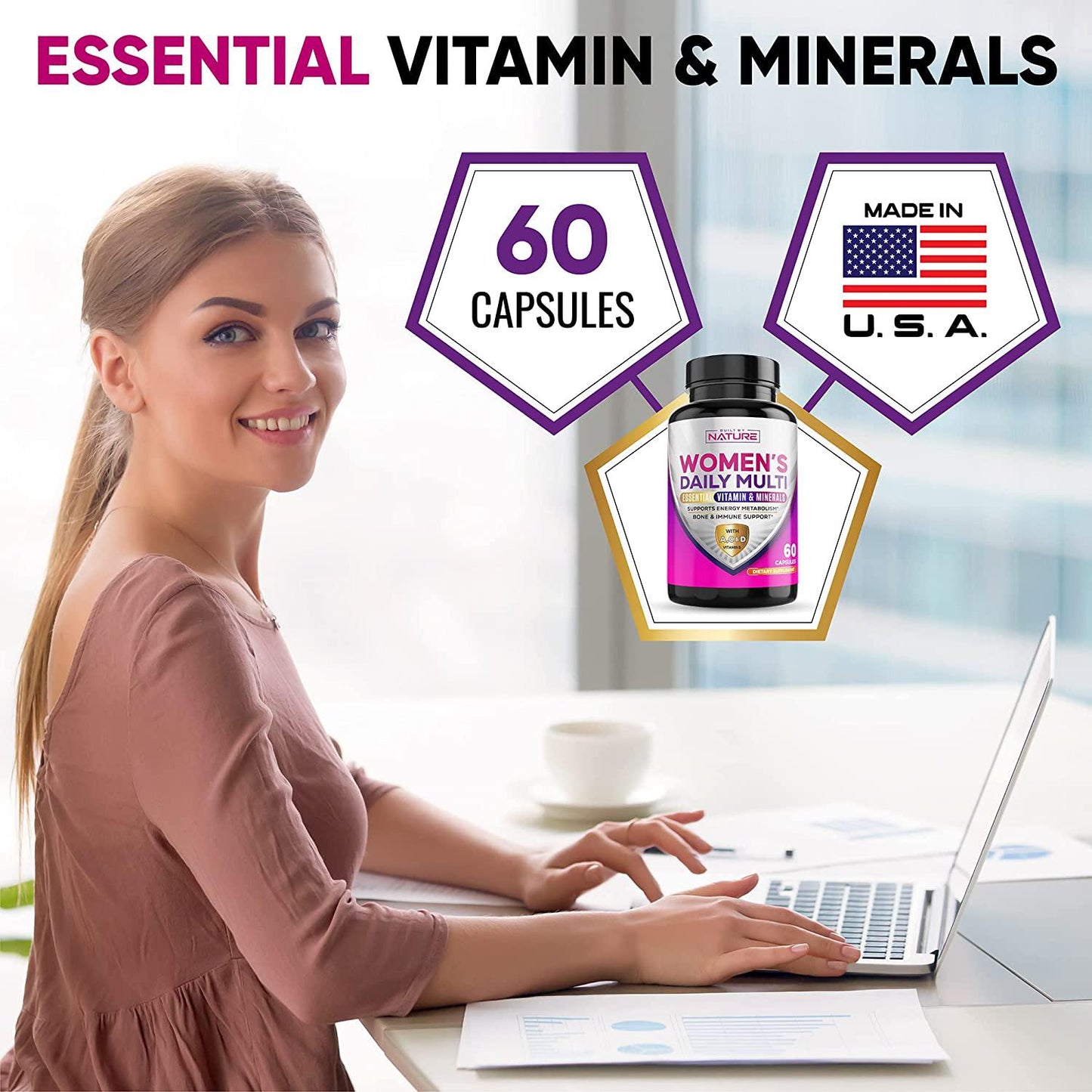 Multivitamin for Women with Zinc and Vitamins C, B12, D3, for Immune Support, Complete Natural Daily Multi Vitamins for Adults, 60 Capsules