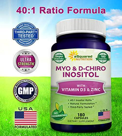 Myo-Inositol and D-Chiro Inositol Supplement - 180 Capsules - Plus Vitamin D3 and Zinc - Myo and D-Chiro Inositol 40 to 1 Ratio - VIT B8 Complex Pills