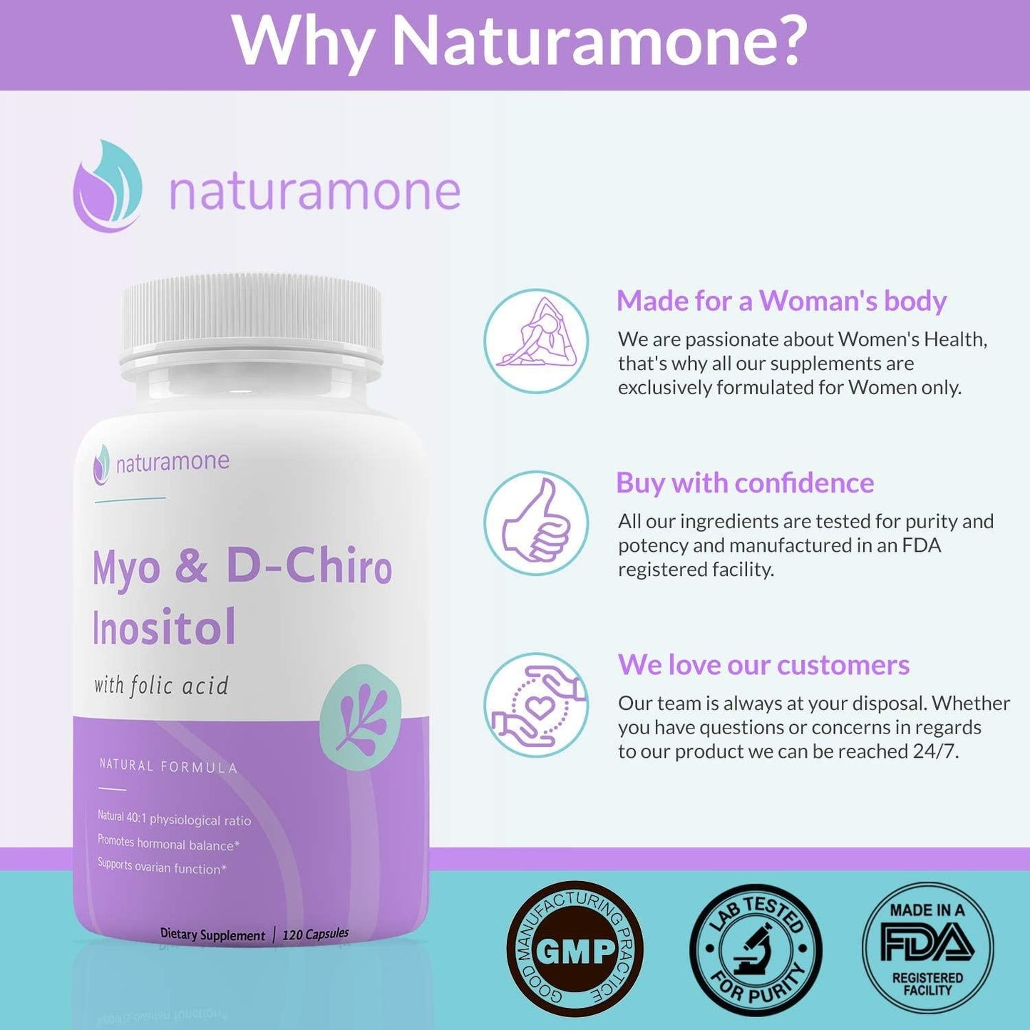 Myo-Inositol and D-Chiro Inositol Blend with 100% of Daily Folate - 40:1 Physiological Ratio - Polycystic Ovary Syndrome (PCOS), Hormonal Balance and Ovarian Support by Naturamone - 120 Capsules