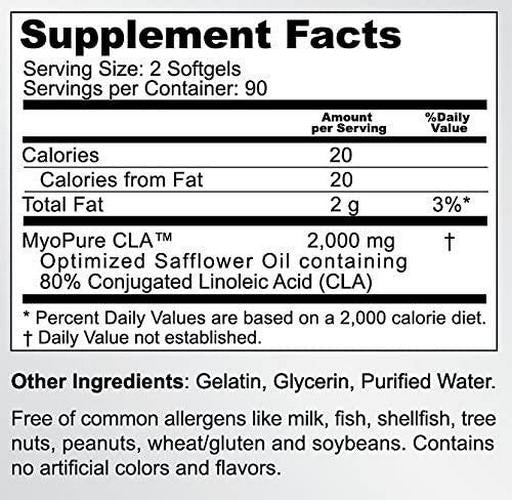 Myo-Pure CLA 2000 mg 180 Softgels - Conjugated Linoleic Acid Safflower Oil - Supports Weight Loss Lean Muscle Energy Endurance