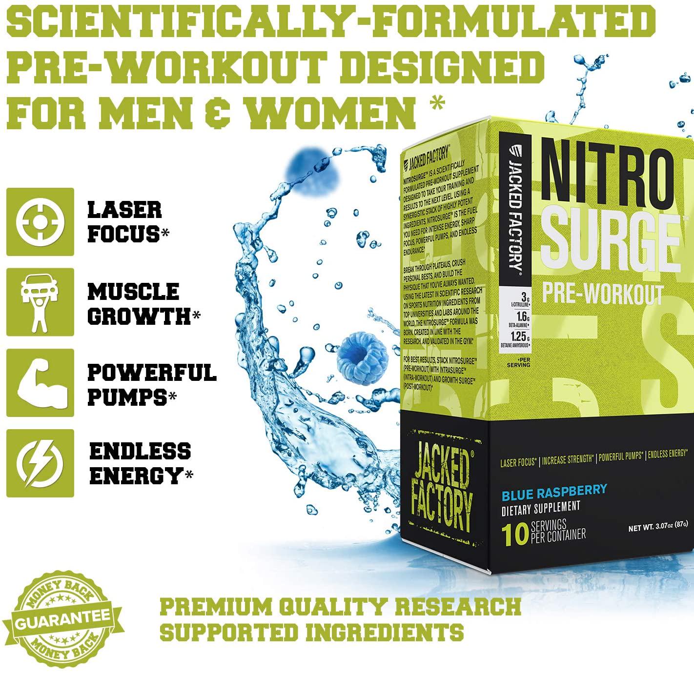 NITROSURGE Pre Workout Supplement - Energy Booster, Instant Strength Gains, Clear Focus, and Intense Pumps - Nitric Oxide Booster and Powerful Preworkout Energy Powder - 10 Stick Packs, Blue Raspberry