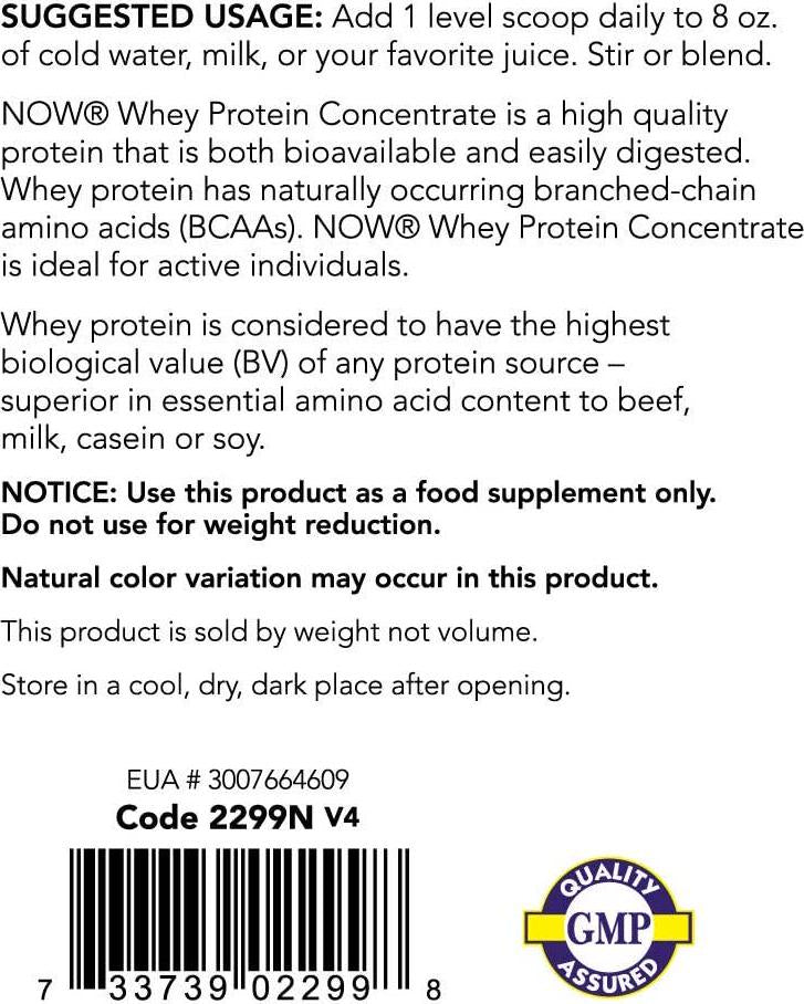 NOW Sports Nutrition, Whey Protein Concentrate, 24 G With BCAAs, Unflavored Powder, 5-Pound