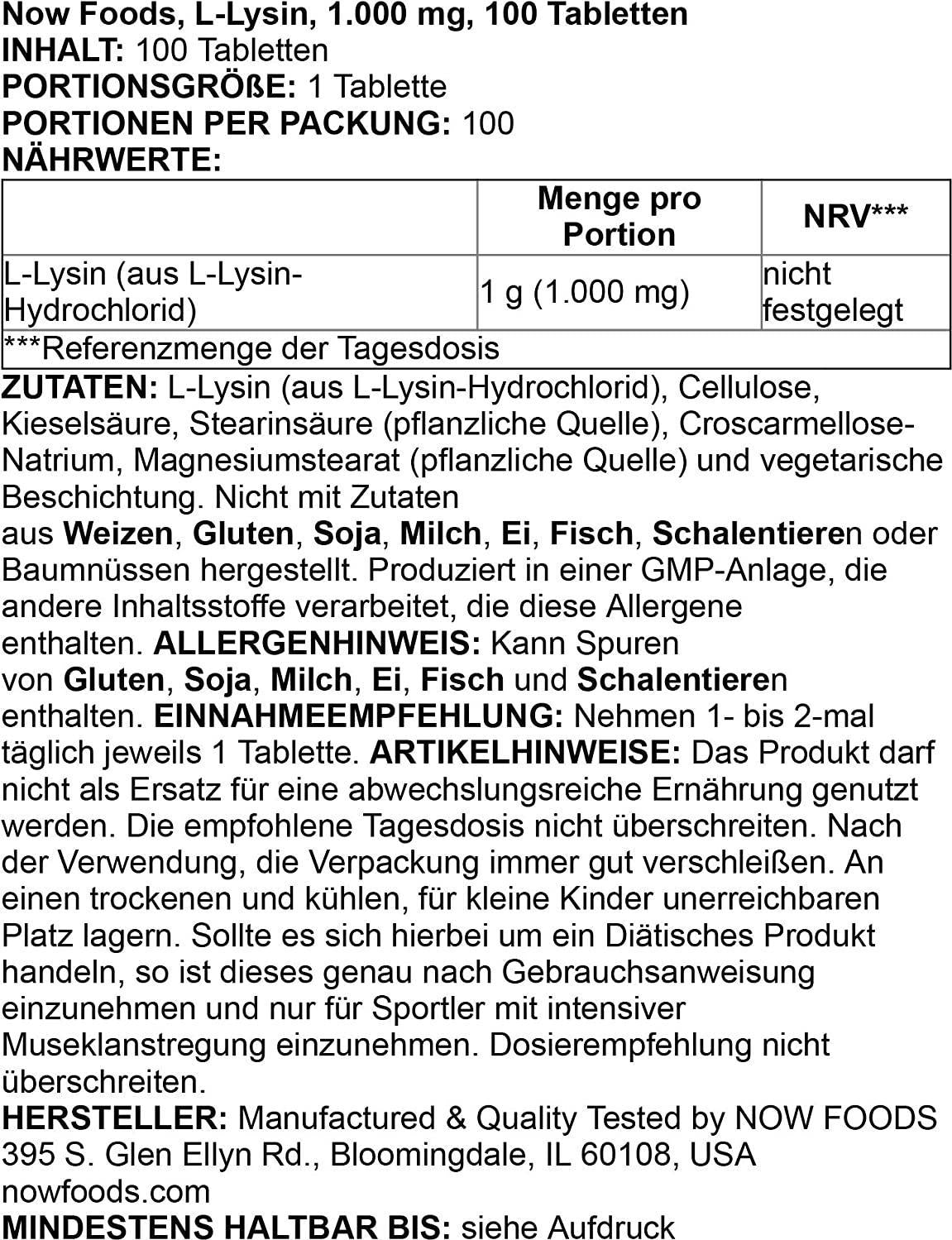 NOW Supplements, L-Lysine (L-Lysine Hydrochloride) 1,000 mg, Double Strength, Amino Acid, 100 Tablets