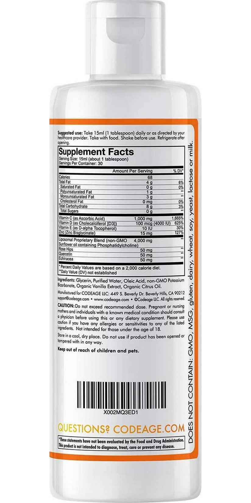 Nanofood Wonder-C Liposomal Vitamin C Liquid Supplement Vitamin D3, E and Zinc, Rose Hips, Quercetin and Echinacea, Non-GMO Liposomes Blend, Orange Tangerine Drops, 1000 mg Vitamin C Per Serving, 16 fl oz