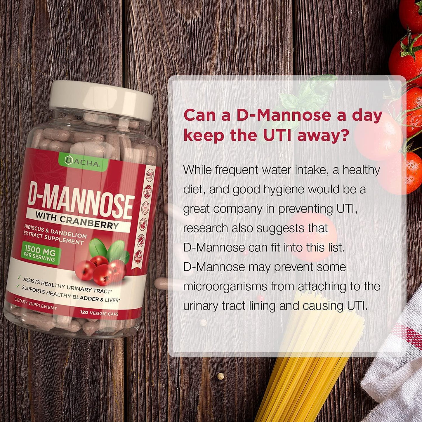 Natural D-Mannose Capsules 4-in-1 Formula - 120 CAPS, 1500 MG Cranberry, Dandelion, Hibiscus Flower Extract, Fast-Acting Pills for Bladder Health, Urinary Tract Infection UTI Support Flush Impurities