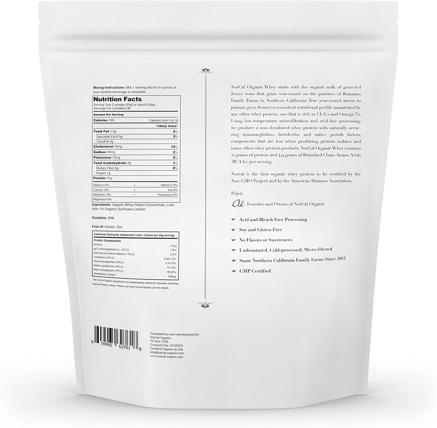 Natural Norcal Organic Grass Fed Whey Protein Powder (Unflavored)