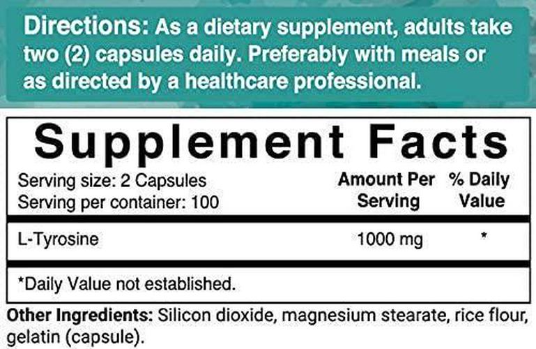 NatureBell L-Tyrosine Capsules, 1000mg Per Serving, 200 Capsules, Support Memory and Cognitive Health, No GMOs.