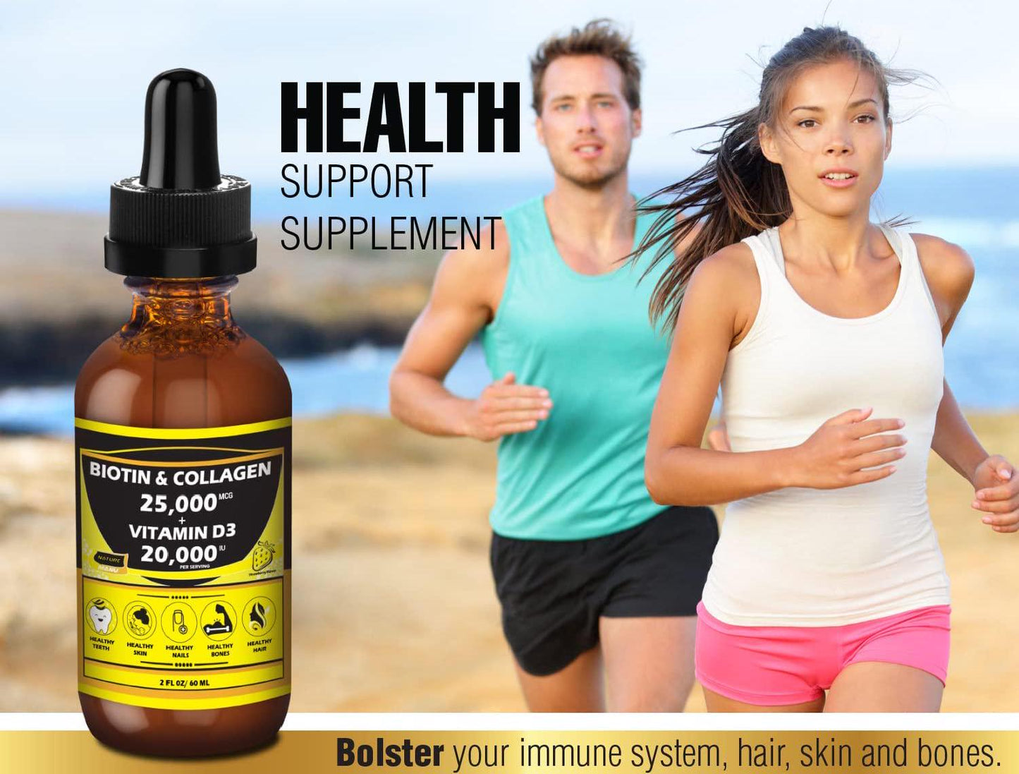 Nature Manu-Premium 25,000mcg Liquid Biotin and Collagen+20,000iu Vitamin D3 All-in-one Wellness Daily Drops. Supports Healthy Skin, Stronger Nails, Hair Growth. Tasty Strawberry Flavor - 2 FL OZ/60 ML