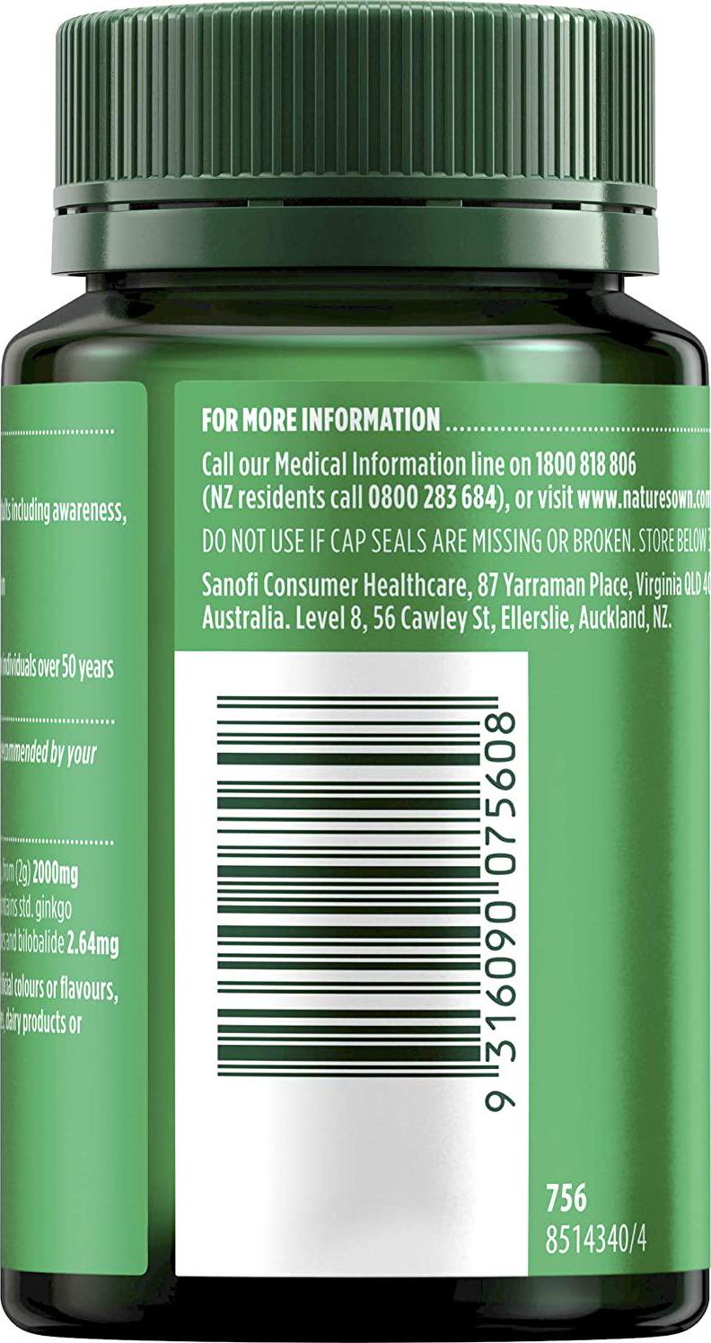 Nature's Own Ginkgo Biloba 2000mg Tablets Supports Cognitive Function and Healthy Blood Circulation in Adults, Mostly Green, 100 Count