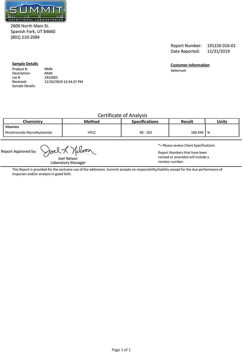 Nicotinamide Mononucleotide NMN Powder >99% CERTIFIED Purity (100g / 100 grams)