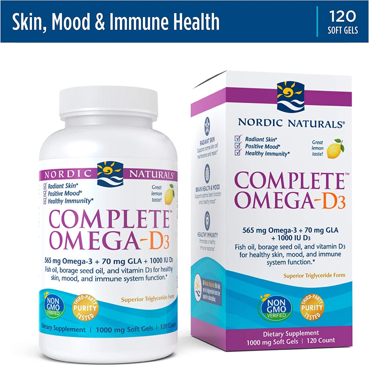 Nordic Naturals Complete Omega-D3, Lemon Flavor - 565 mg Omega-3 + 70 mg GLA + 1000 IU Vitamin D3-120 Soft Gels - EPA and DHA - Healthy Skin and Joints, Cognition, Positive Mood - Non-GMO - 60 Servings