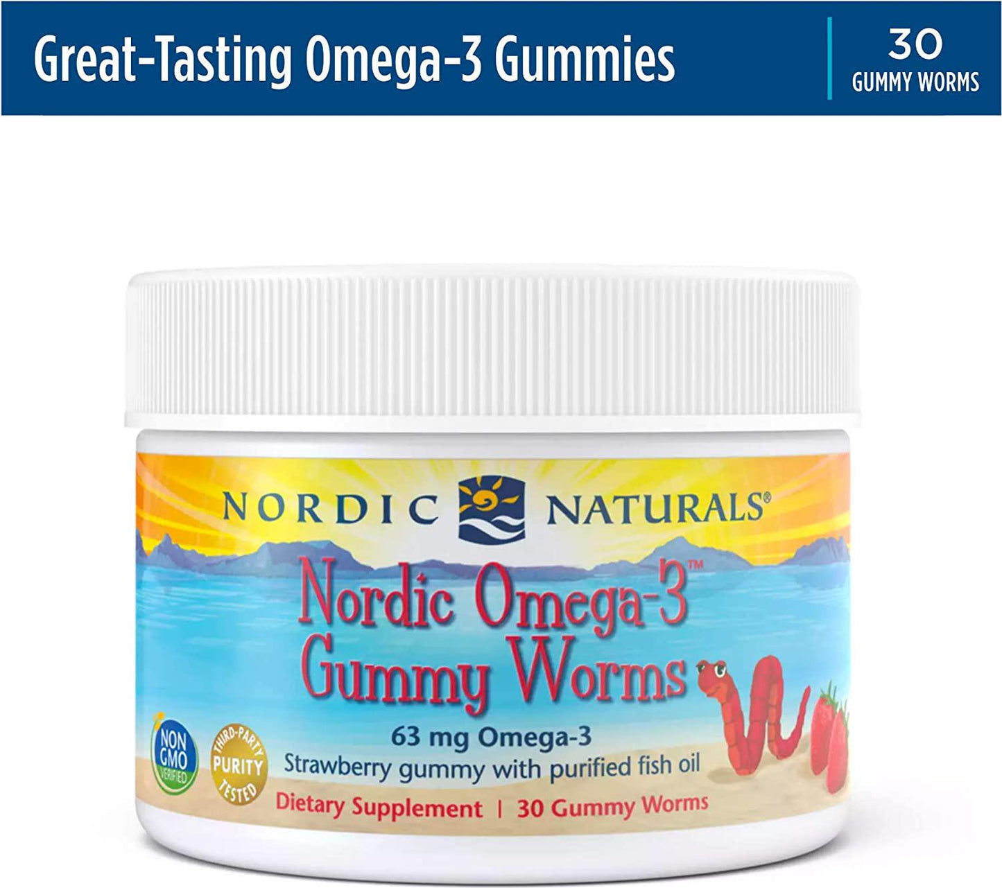 Nordic Naturals Nordic Omega-3 Gummy Worms, Strawberry - 30 Gummy Worms - 63 mg Total Omega-3s with EPA and DHA - Non-GMO - 30 Servings
