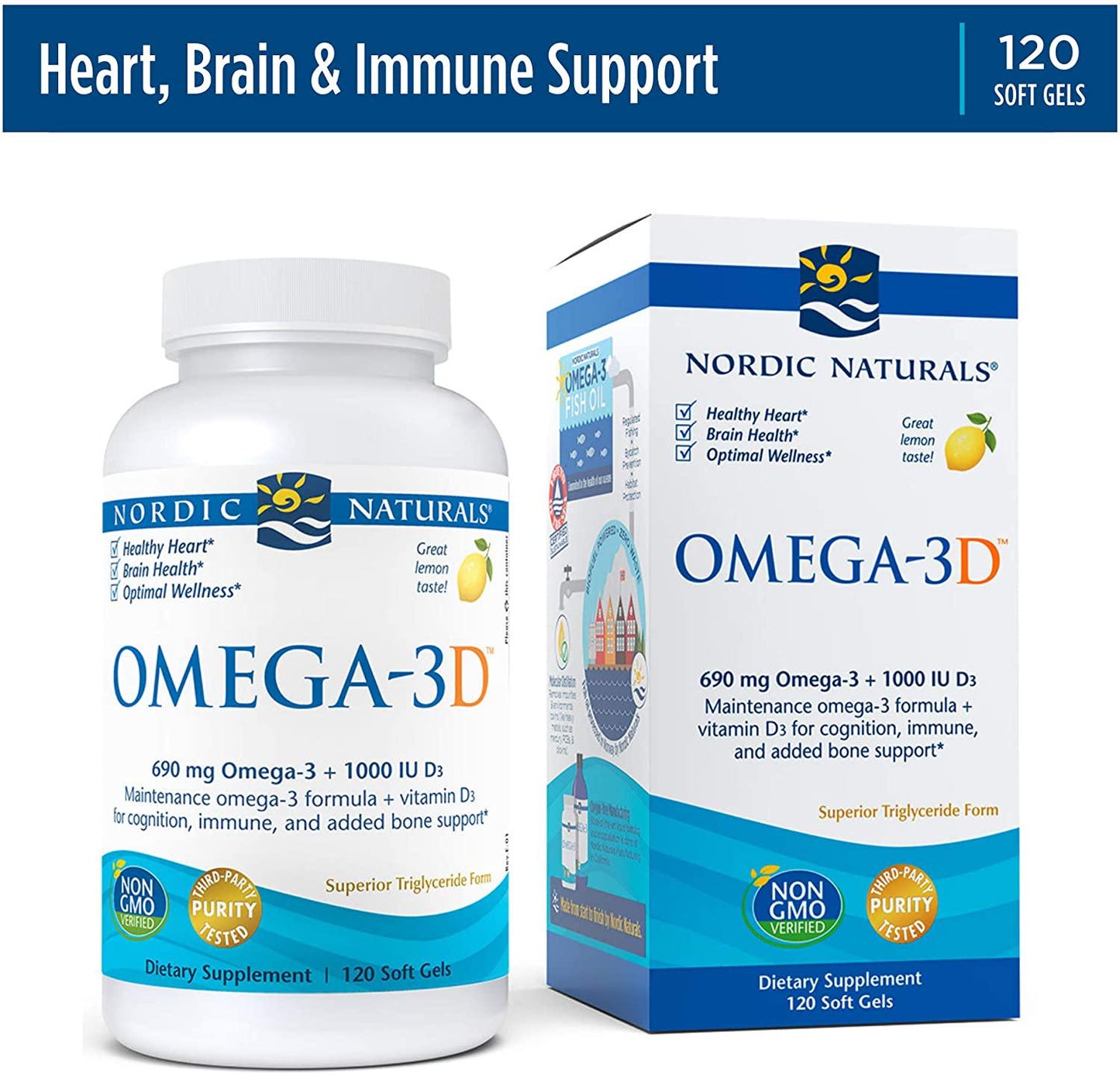 Nordic Naturals Omega-3D, Lemon Flavor - 690 mg Omega-3 + 1000 IU Vitamin D3 - 120 Soft Gels - Fish Oil - EPA and DHA - Immune Support, Brain and Heart Health, Healthy Bones - Non-GMO - 60 Servings