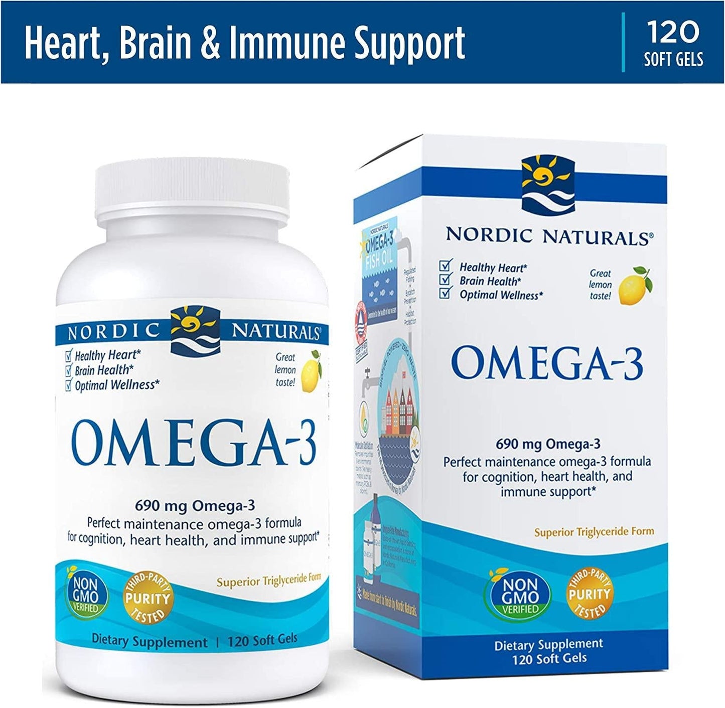 Nordic Naturals Omega-3, Lemon Flavor - 690 mg Omega-3-120 Soft Gels - Fish Oil - EPA and DHA - Immune Support, Brain and Heart Health, Optimal Wellness - Non-GMO - 60 Servings
