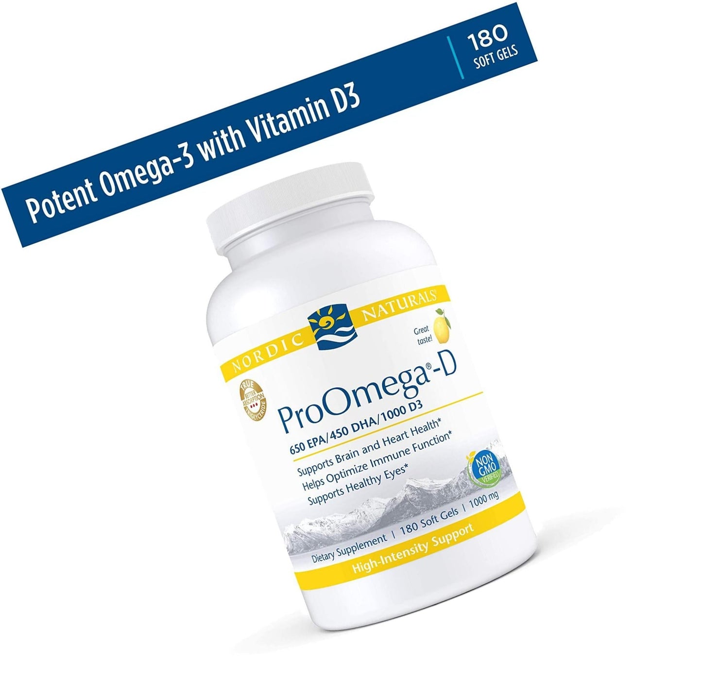 Nordic Naturals ProOmega-D, Lemon Flavor - 1280 mg Omega-3 + 1000 IU D3 - 180 Soft Gels - High-Potency Fish Oil - EPA and DHA - Brain, Eye, Heart, Joint, and Immune Health - Non-GMO - 90 Servings